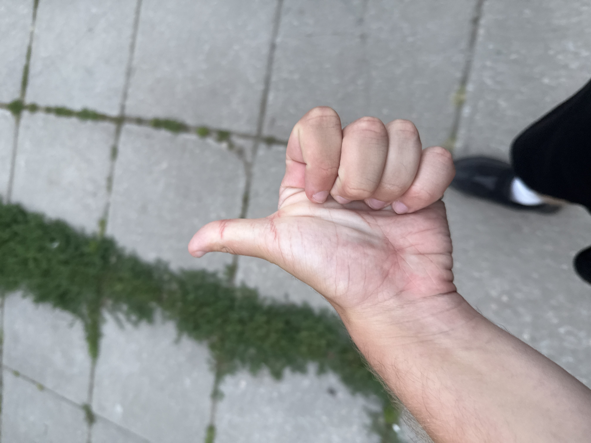 A close-up, high-angle shot shows a person's right hand giving a thumbs-up gesture. The hand is positioned in the lower left quadrant of the frame, with the thumb pointing upwards and the fingers curled into a fist. The skin appears fair with visible veins and some light red abrasions on the knuckles. The background consists of a grey paved surface, likely a sidewalk or pathway, with a strip of green grass growing in the cracks between the paving stones. The grass strip runs diagonally from the upper left to the lower right of the frame. In the bottom center of the image, a dark shoe and a portion of black trousers are visible, indicating the person is standing. The scene is outdoors, likely in a city park or urban area. The image does not provide specific details to identify the location as Zaporizhzhia, Ukraine.
