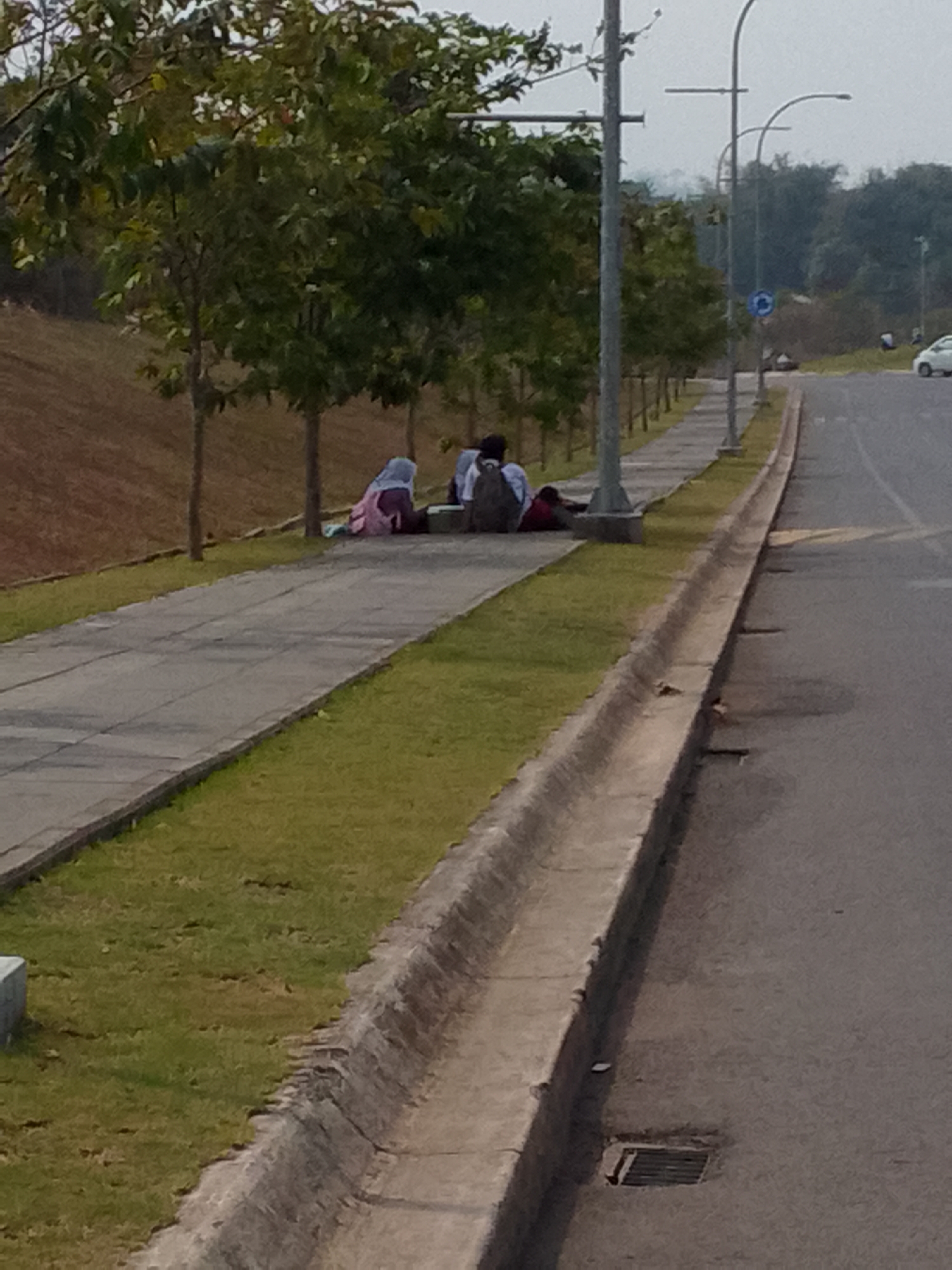 In Jayamekar, Indonesia, a low-angle, slightly blurry photograph captures a sidewalk scene adjacent to a paved road. Three individuals, appearing to be students given their casual attire and backpacks, are seated on the grass beside the sidewalk. One person wears a light blue headscarf and a pink garment, while another is visible in a white shirt and dark backpack. A third person, partially obscured, is also seated. A red bag is placed on the ground near the individuals. The environment includes a neatly trimmed grassy area, a concrete sidewalk, and a concrete curb bordering the road. Trees line the sidewalk, with a sloping, brown, dirt embankment visible behind them. Streetlights are present along the sidewalk. The road itself appears to be a multi-lane thoroughfare. The overall atmosphere suggests an outdoor, daytime setting.