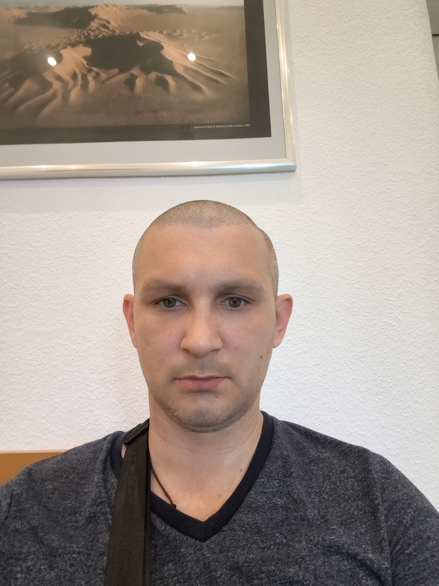 An overhead, medium shot shows a man's face looking directly at the camera. He has a shaved head and light green eyes. He is wearing a dark blue V-neck shirt, with a black strap draped over his right shoulder. Behind him, a framed photograph of sand dunes is mounted on a white, textured wall. The photograph has a thin, silver frame and is lit by two bright spotlights. The man is positioned in the foreground, with the photograph filling the upper portion of the background.