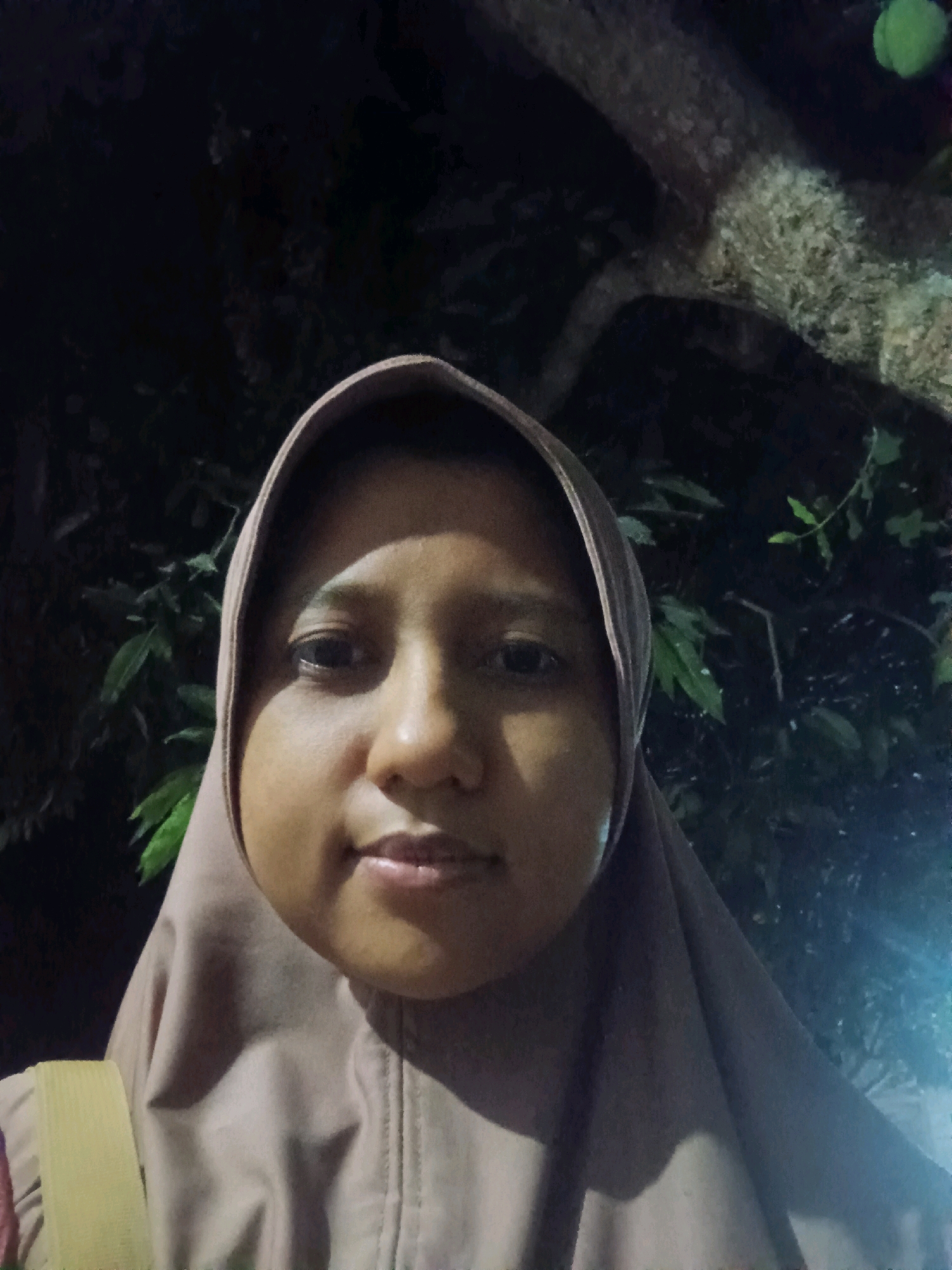 A woman wearing a light brown hijab and a light brown jacket poses for a selfie in front of trees and foliage at night. Her face is illuminated by a light source, highlighting her eyes, nose, and mouth. A bright yellow strap, possibly from a bag, is visible on her left shoulder. The background is dark, with some branches and leaves of trees visible. The image appears to have been taken outdoors, possibly in a park or garden setting in the city of Canga'an, Indonesia.