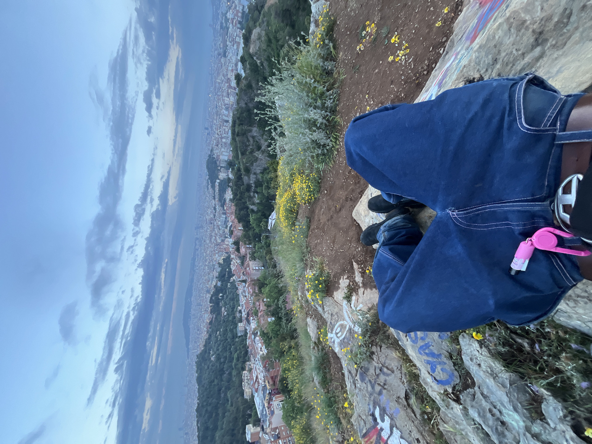 A high-angle, horizontally-oriented photograph depicts a partial view of someone sitting on a rocky precipice overlooking Barcelona, Spain, at what appears to be dusk or dawn. The lower part of the person's body, including their legs clad in blue jeans, black shoes, and a belt with a large, silver buckle, is visible. A pink object, possibly a container of pepper spray or mace, is attached to their belt.
The setting is on a rocky ledge with vegetation including grass, small flowering plants (yellow), and a silver-green bush growing on it. The rock face displays graffiti. Below the ledge, the city of Barcelona stretches out to the horizon under a cloudy sky. The density of buildings decreases as the ground rises toward the viewpoint, and a forested area separates the city from the ledge.