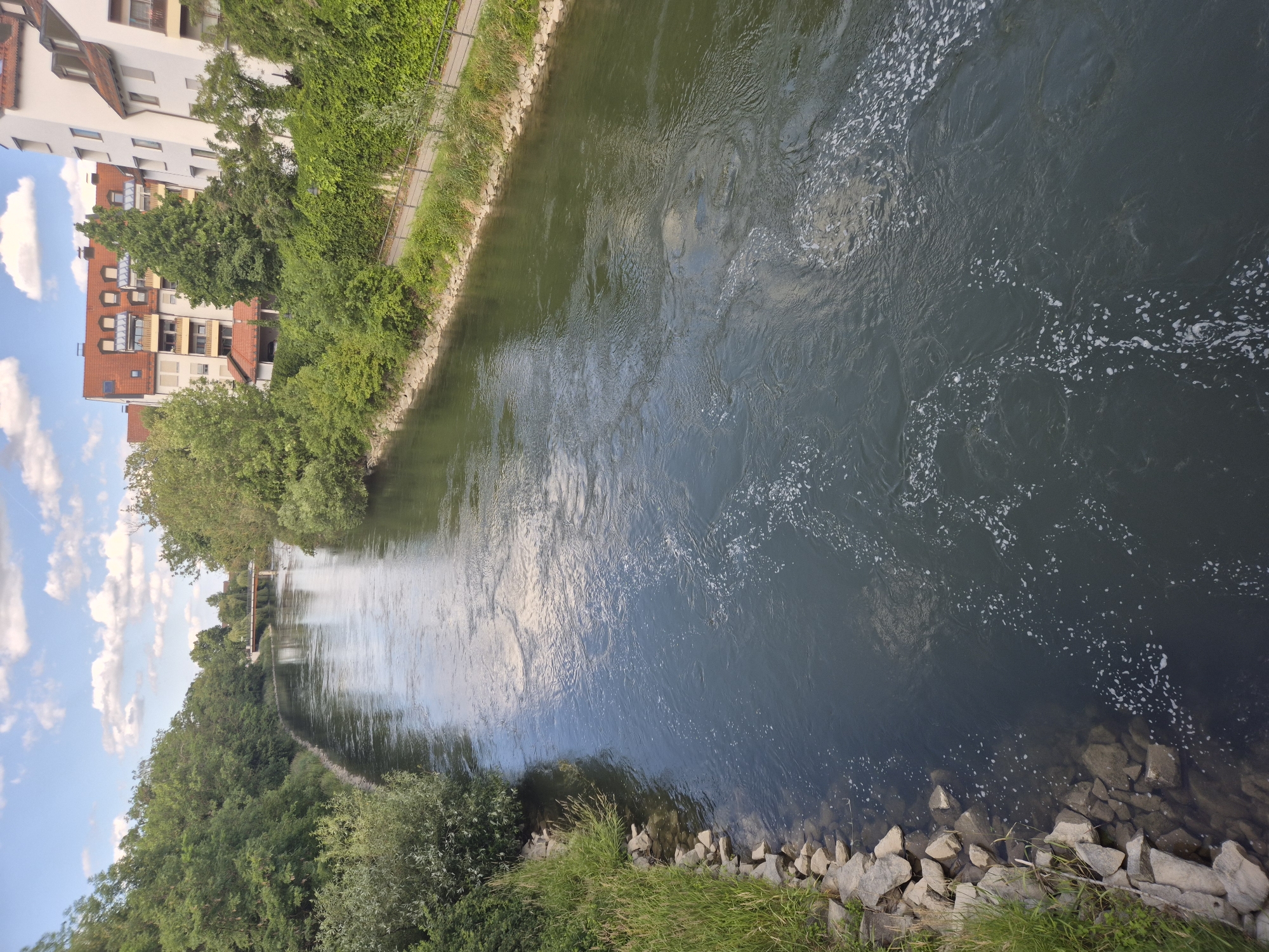 The image shows a wide river flowing through a city, with buildings and greenery on either side. On the right bank, there are modern apartment buildings with red-tiled roofs and white facades, set against a backdrop of lush green trees and ivy-covered walls. A paved walkway runs along the riverbank, bordered by a metal railing. On the left bank, dense green trees and shrubs line the water's edge, with large rocks and grass creating a more natural embankment. The river itself is dark blue-green, with ripples and small white foam patches suggesting a gentle current. In the distance, a bridge with an orange railing crosses the river, and more trees and buildings can be seen along the banks. The sky is blue with scattered white clouds. The scene appears to be a view from a bridge or an elevated vantage point overlooking the Isar River in Landshut, Germany. There are no people visible in the image.