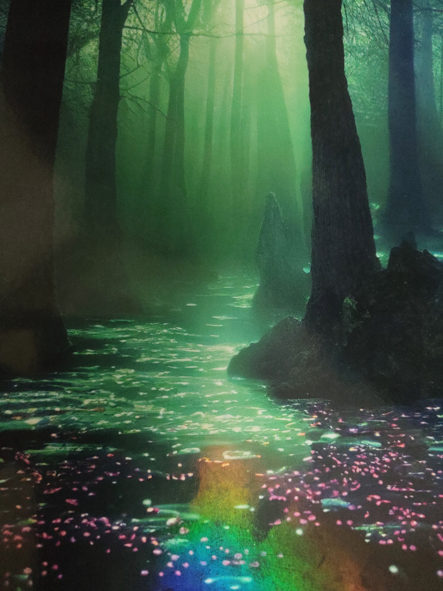 The image depicts an ethereal forest scene in Unknown, Unknown. A body of luminous, green-hued water or a reflective pathway occupies the central and lower portions of the frame, winding towards the midground. The surface of this water/path is scattered with numerous small, distinct pink, magenta, and white petal-like objects, particularly concentrated in the foreground. A pronounced, multi-colored iridescent rainbow spectrum is visible across the bottom-center of the foreground surface.
Tall, dark tree trunks are present on both the left and right sides of the image. A prominent, dark, gnarled tree trunk anchors the right midground, extending into the water. Behind this trunk, irregular, dark, pointed formations, possibly rocks or roots, rise from the water. The background reveals a dense, misty forest with silhouettes of additional trees, rendered in varying shades of dark green and emerald green. A strong, diffused light source, appearing from the upper-right, penetrates the misty canopy, casting bright green and yellowish-green rays that illuminate the mist and reflect on the water's surface. The overall atmosphere is dark and verdant, with pockets of intense light. No human figures or animals are present.