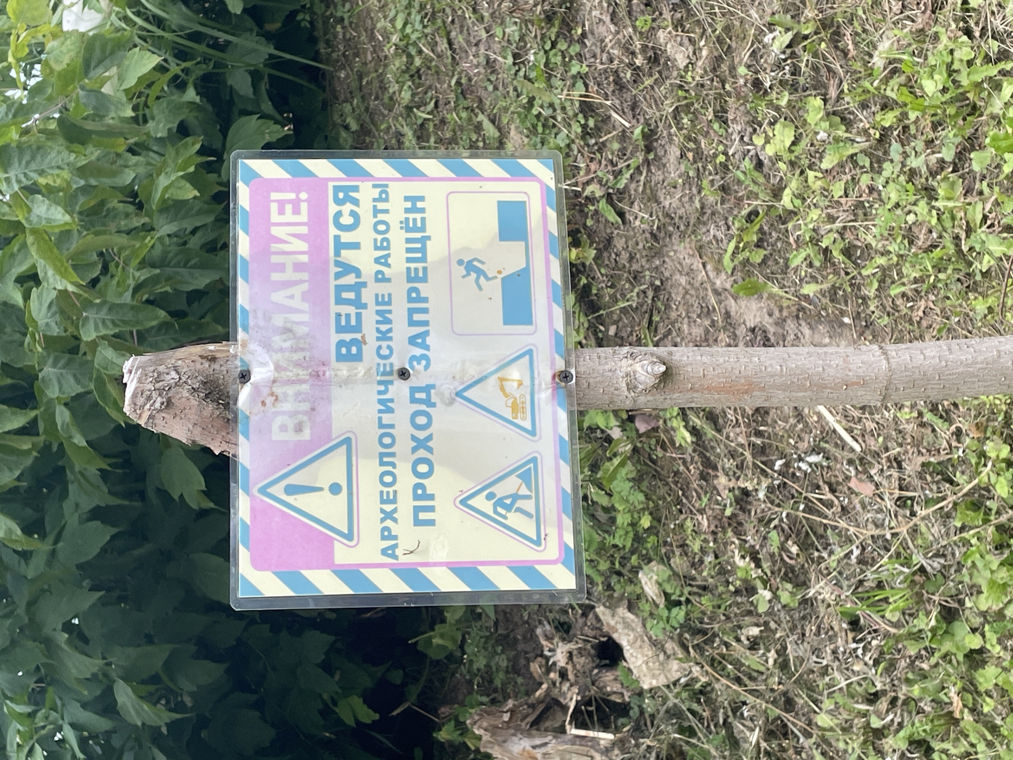 A weathered, rectangular sign is mounted on a wooden post, with lush green foliage visible in the background. The sign, primarily yellow, features diagonal pink and blue stripes along its border. At the top, a triangular warning symbol encloses an exclamation mark. Below this, in large blue Cyrillic text, it reads "ВНИМАНИЕ!" (ATTENTION!). Further down, in slightly smaller blue text, it states "ВЕДУТСЯ АРХЕОЛОГИЧЕСКИЕ РАБОТЫ" (ARCHAEOLOGICAL WORK IS UNDERWAY). At the bottom, in bold blue Cyrillic text, is "ПРОХОД ЗАПРЕЩЁН" (ACCESS IS PROHIBITED). The sign also displays three smaller warning symbols: one depicting a person digging with a shovel, another showing an excavator, and a third illustrating a person falling into a pit. The ground around the post is covered with dry leaves, grass, and dirt. To the left of the post, a portion of a dead tree stump is visible, along with scattered debris. The overall scene suggests an outdoor location where construction or excavation work is in progress, necessitating a warning to prevent entry. This image is located in the city of Sof'ino, Russia.