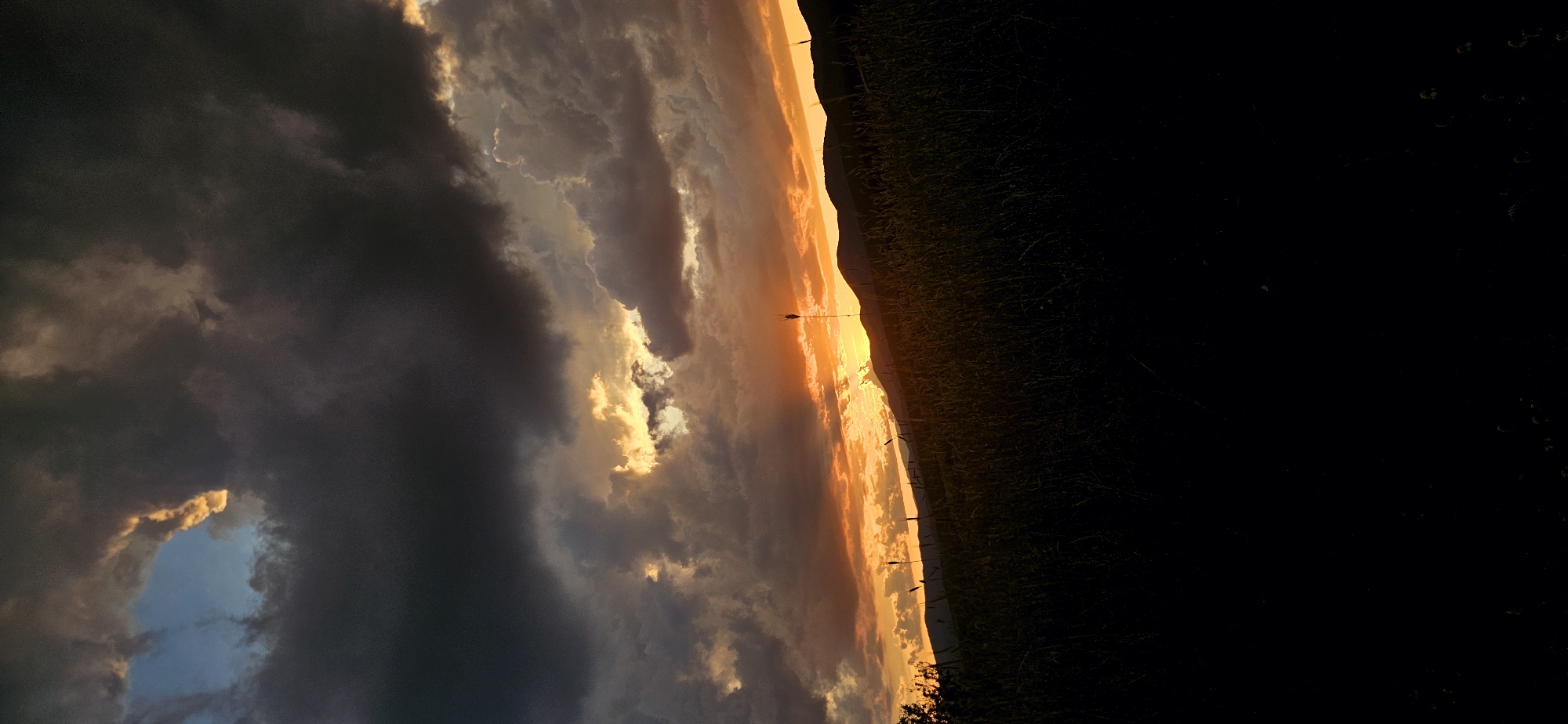 The image shows a dramatic sunset over a rural landscape in the vicinity of Momin Prohod, Bulgaria. Dark, heavy clouds dominate the sky, but a break in the clouds reveals a brilliant orange and yellow glow as the sun sets behind distant, silhouetted hills. The foreground is a dark silhouette of tall grass or reeds, with a few individual stalks sharply defined against the bright sky. The overall scene conveys a sense of natural beauty and the dramatic transition from day to night.