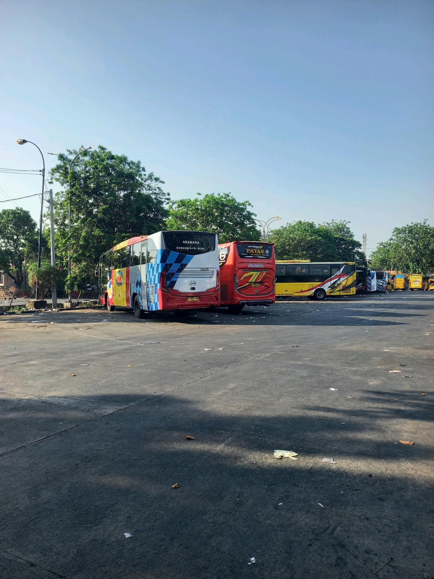 The image depicts an outdoor bus parking lot in Bungurasih, Indonesia, likely a bus terminal or depot. The scene is illuminated by the sun, casting shadows on the asphalt ground. A row of various buses, predominantly with colorful liveries, are parked. In the foreground, two buses are prominent: one is white with red, blue, and checkered patterns, and the other is red with yellow and white accents. Further down the line, a yellow bus with red and white graphics is visible, followed by several other buses of different colors, including yellow and white. The background features lush green trees and a clear blue sky. The ground is littered with debris, including wrappers and leaves, suggesting it is a high-traffic area. There are no people visible in the frame.