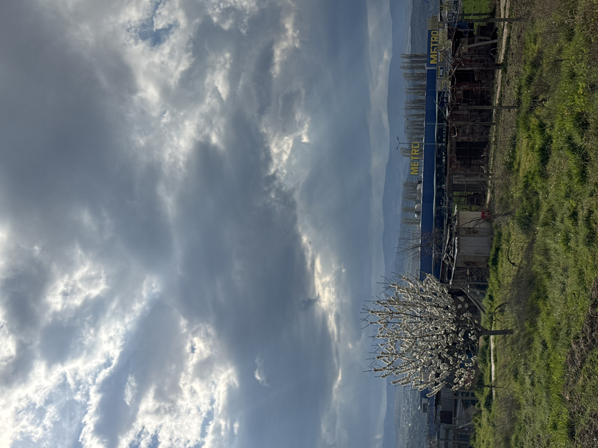 The image depicts an outdoor scene in Blagoevgrad, Bulgaria, featuring a landscape with varied elements. Dominating the right side of the frame is a field of green grass, transitioning into a rough patch of earth. A lone tree, laden with white blossoms, stands on the edge of the field. Adjacent to the field is a chain-link fence, running parallel to the ground's edge.
Behind the fence, a structure is visible, displaying the signage "METRO" in blue and yellow, suggesting a commercial establishment. In the background, a range of hills forms a distant backdrop, contributing to the overall depth of the image. The sky occupies a substantial portion of the frame, filled with grey clouds.