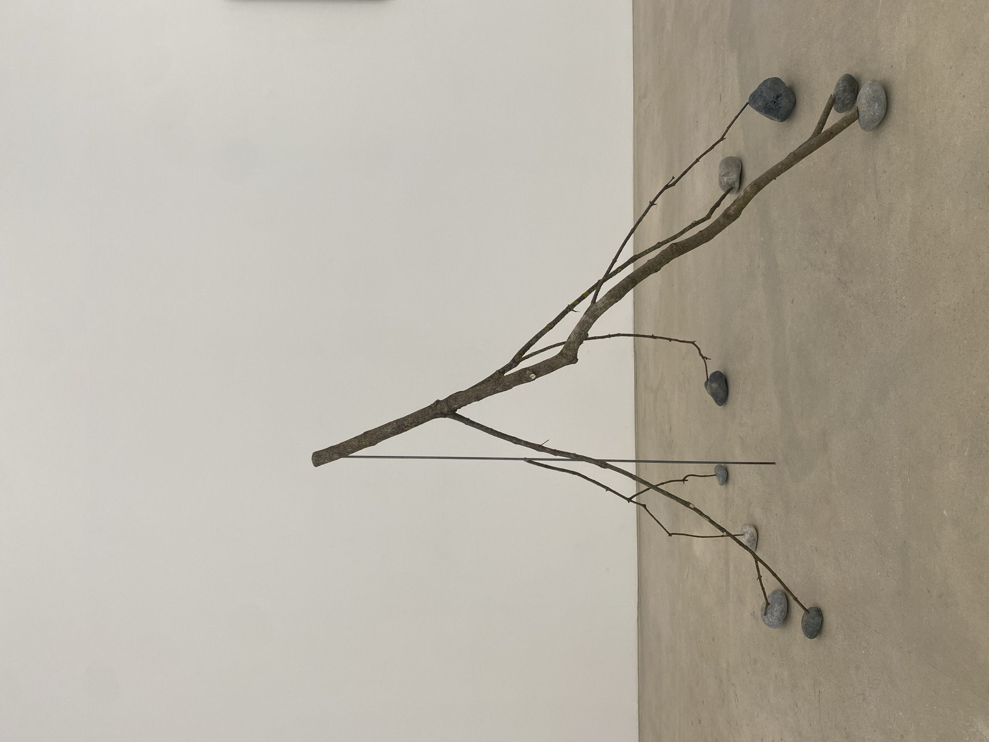 A still-life composition, photographed indoors, features a stark contrast between a light gray wall and a tan-colored floor. A dry, leafless branch lies horizontally across the division of the wall and floor, extending from the wall onto the floor. Several small, gray stones are positioned on the branch, appearing as if they are either attached or precariously balanced. Two thin, black rods extend vertically from the branch to the floor, acting as supports. The setting evokes a minimalist art installation, suggestive of an interior space such as an art gallery or studio. There is no indication of the location being in Paris, France.