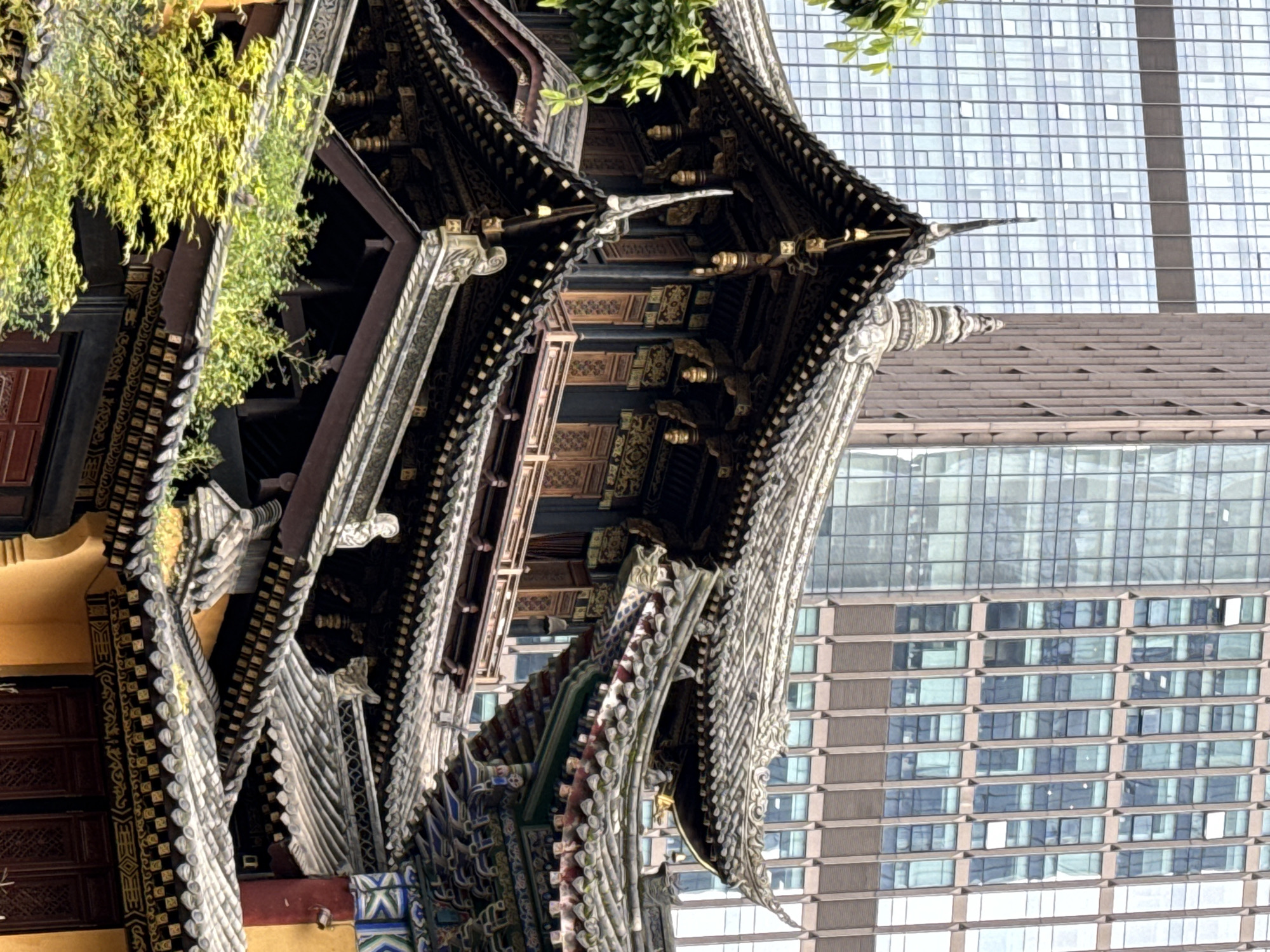 This image captures a striking juxtaposition of traditional Chinese architecture and modern urban development, set in what appears to be Yuzhong District, China. The scene is dominated by the intricate details of an ancient-style building, positioned diagonally across the frame. Its multi-tiered roof features ornate eaves, decorative tiles, and elaborate carvings, showcasing traditional Chinese craftsmanship with dark wood, gold accents, and weathered blues and greens. Architectural elements such as dougong (bracket sets) are visible, providing structural and aesthetic detail. Lush green foliage, possibly vines or trees, spills over parts of the traditional structure, adding a natural element to the man-made artistry.
In stark contrast, modern high-rise buildings rise prominently in the background. These structures are characterized by their sleek facades of glass and concrete, forming a grid pattern of reflective windows that mirror the sky and surrounding environment. The clean lines and repetitive patterns of the contemporary architecture stand in sharp relief against the organic curves and rich embellishments of the traditional building. The lighting suggests it is daytime with clear weather. No people or specific activities are visible, and there is no discernible text in the image. The photograph emphasizes the coexistence of different eras and architectural styles within a single urban landscape.