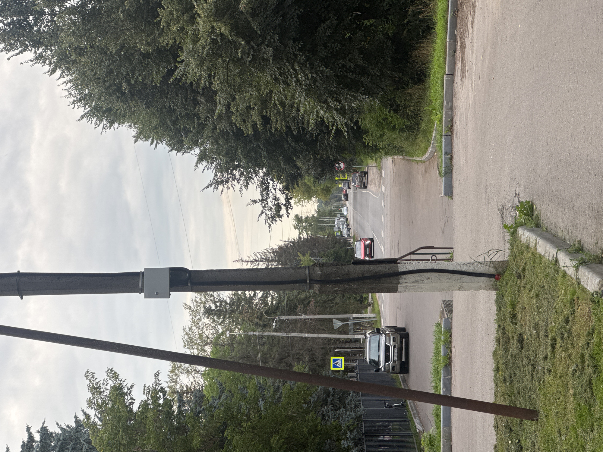 The image depicts a street scene in the city of Dedovsk, Russia, under an overcast sky. In the foreground, a concrete utility pole stands to the right, with a grey electrical box attached to it. To the left of the pole, a thinner, rusted metal pole runs diagonally upwards. The ground in the immediate foreground is covered with freshly cut grass. A paved road runs through the middle of the image, with a sidewalk and a grassy verge bordering it on the right. On the left side of the road, a black metal fence separates the road from a treed area. A silver SUV is parked on the left side of the road, facing away from the camera. Further down the road, a pedestrian crossing sign with a yellow background and a black silhouette of a person is visible. Several cars are driving or parked along the road in the distance. Trees line both sides of the road, creating a canopy in some sections.