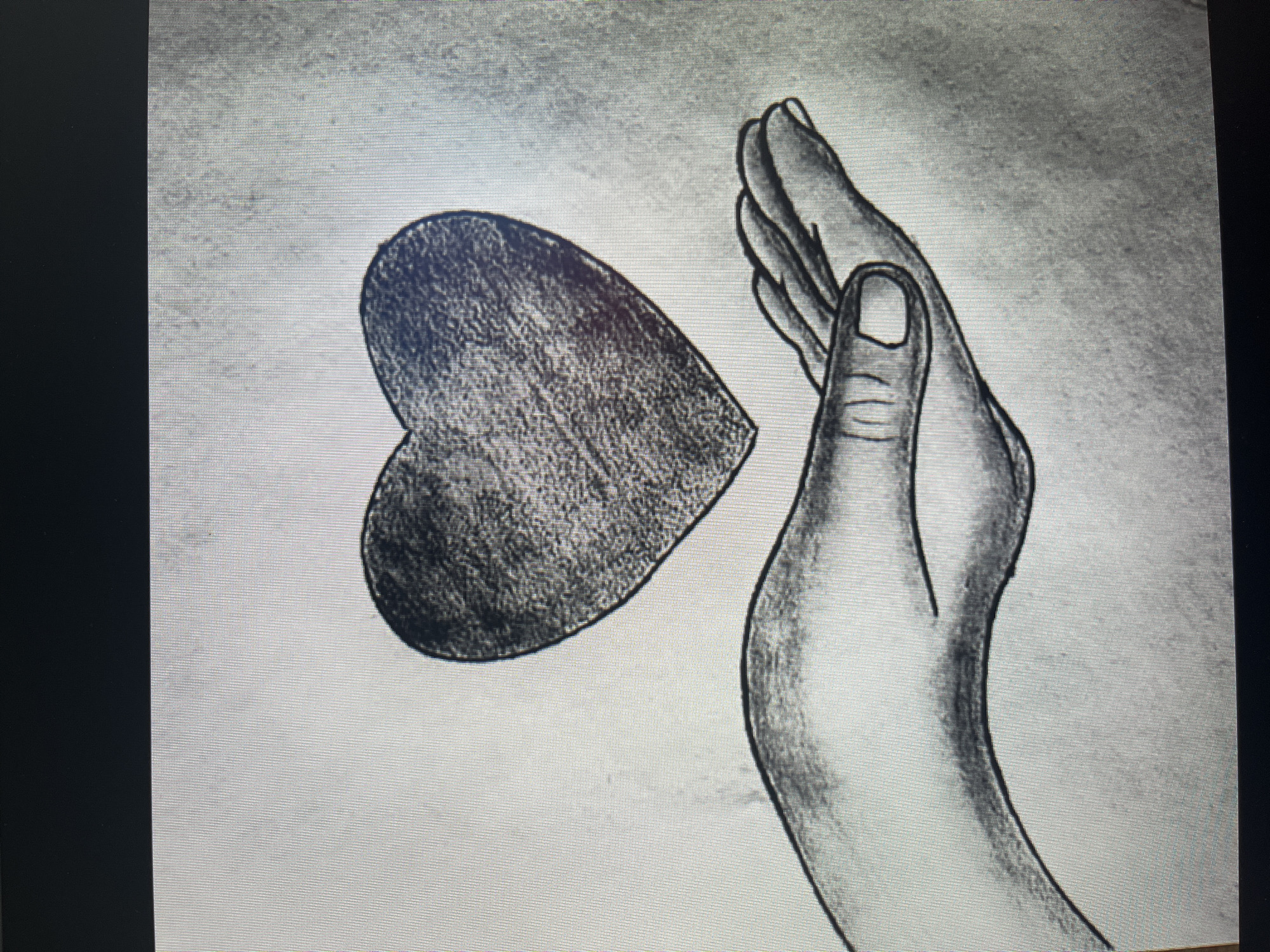 The image displays a grayscale drawing depicting a stylized human hand and a heart. The hand, positioned on the right side of the frame, is rendered with shading to give it volume, with the palm and fingers in a slightly cupped or open gesture, facing towards the left. Its fingers are gently curved, and the thumb is visible, suggesting a posture of offering, receiving, or holding.
To the left of the hand, a solid heart shape is depicted. This heart is heavily shaded with a coarse, textured appearance, indicative of pencil or charcoal strokes. It stands out against the lighter background, appearing to be in close proximity to the hand, hinting at a symbolic interaction.
The background is a simple, light gray, providing a clear contrast that emphasizes the main subjects. The drawing itself suggests a careful artistic hand, employing shading to define form. The overall image exhibits a distinct pixelation and grid pattern, particularly visible in the provided crops, indicating it is likely a photograph of a physical drawing displayed on a digital screen. The composition conveys themes of love, care, empathy, or the act of giving or receiving one's heart. No text is visible in the image.