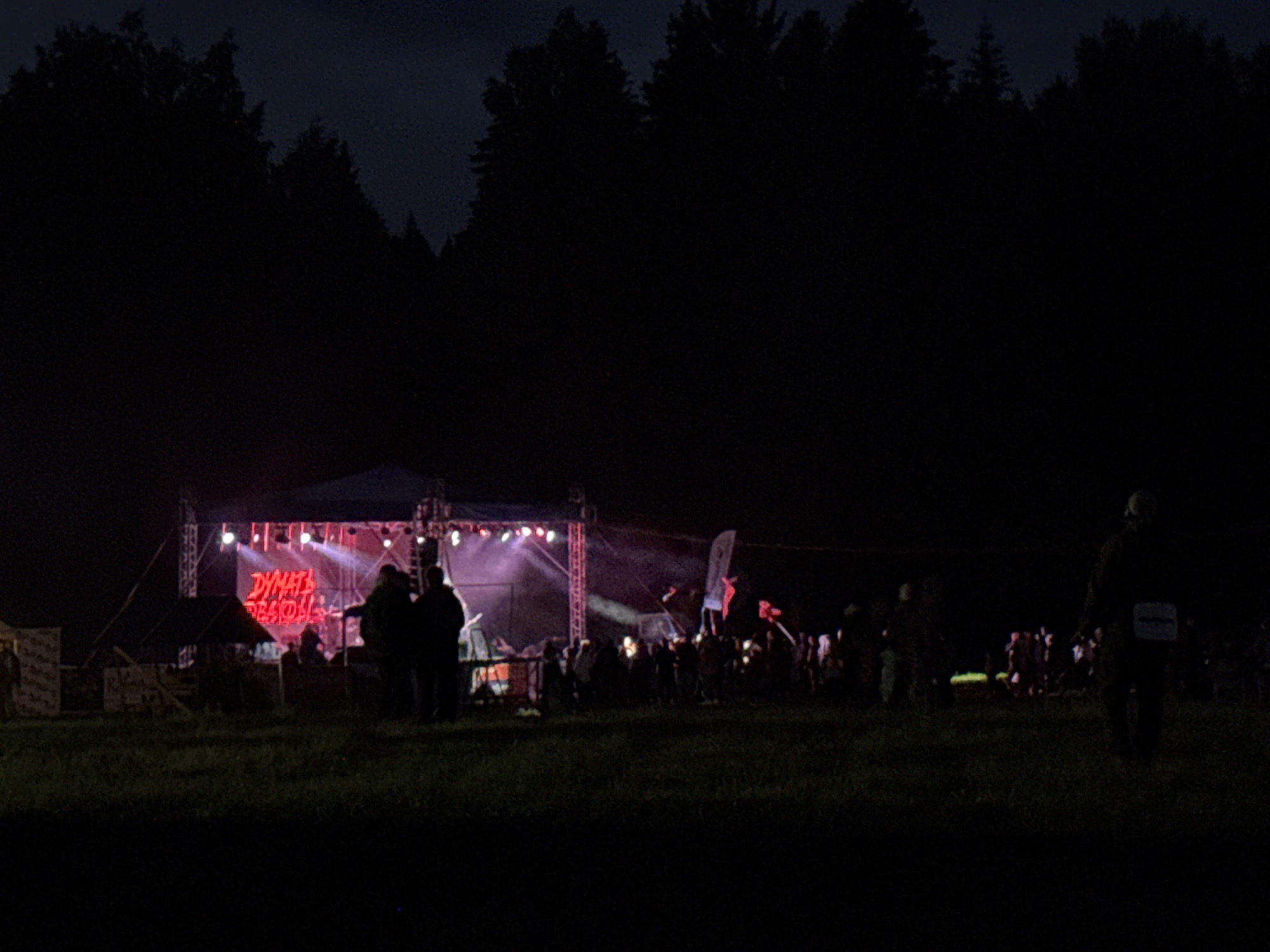 This is a nighttime photograph depicting an outdoor music event in Большая Кивара, Russia. The primary focal point is a brightly lit stage in the mid-left, adorned with multiple spotlights emitting pink and purple light. A large red neon-style sign on the stage clearly displays the text "DYMAT BEATS". Several indistinct figures are visible on the stage, likely performers or crew. To the left of the stage, there is a tent or canopy structure.
In front of the stage, a moderate crowd of people is gathered, their forms largely silhouetted against the stage lights, indicating they are watching the performance. Two individuals are more prominent in the mid-ground left, standing closer to the stage. The foreground consists of a dark grassy field.
Along the upper half of the image, a dense line of dark, silhouetted evergreen trees forms the backdrop, meeting a dark, cloudy night sky. On the far right in the foreground, a single individual is visible from behind, walking away from the stage. This person is wearing what appears to be a backpack or a numbered bib, with some faint light-colored markings on it. The overall illumination of the scene is dim, with artificial lights from the stage providing the main source of light. The image quality exhibits graininess consistent with low-light photography.