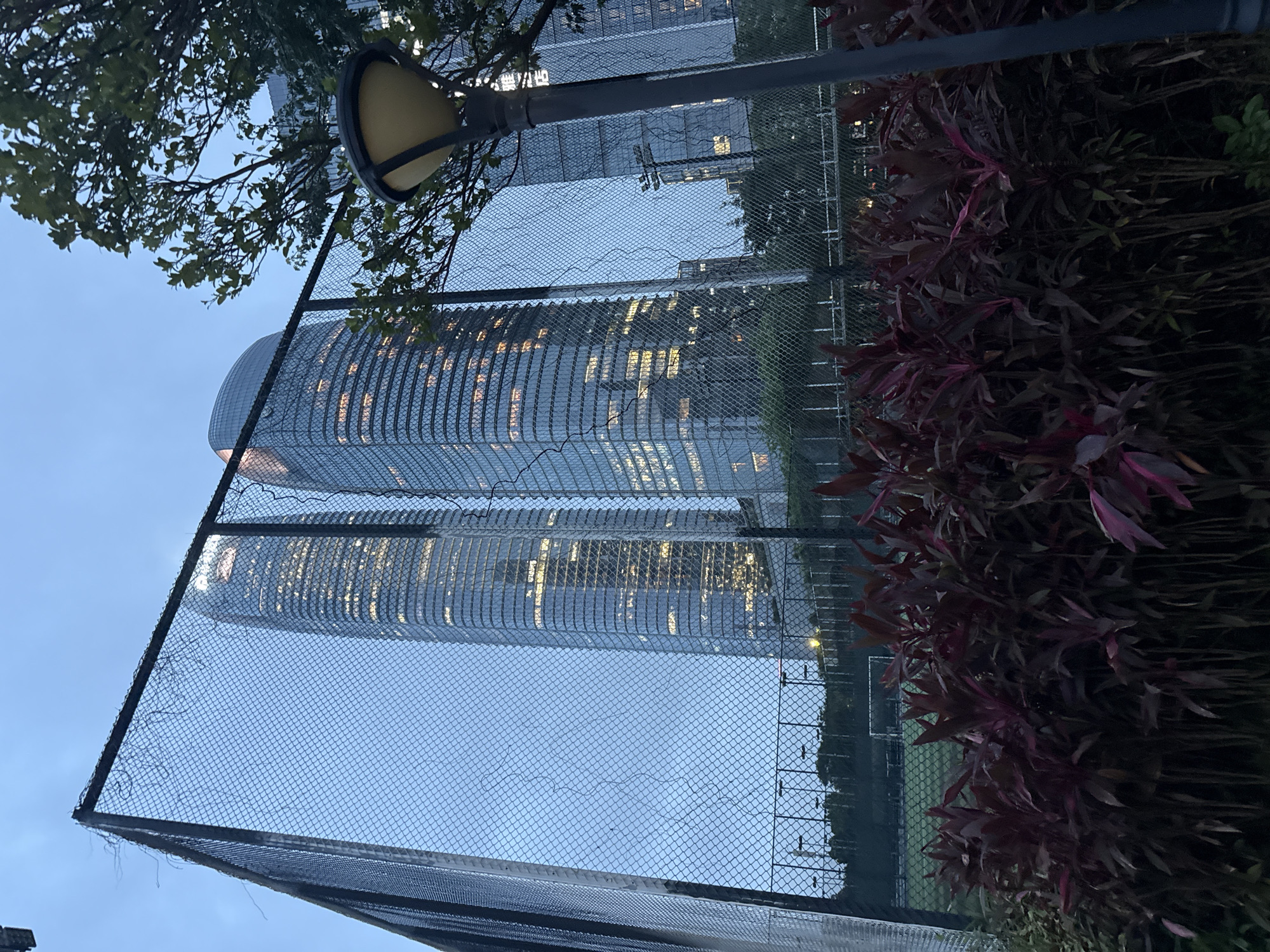 In Haizhu District, China, a chain-link fence frames a view of two modern skyscrapers at dusk. The buildings are tall and cylindrical, with glass facades that reflect the twilight sky and the warm glow of interior lights. In the foreground, dark red foliage creates a dense, shadowy border, partially obscuring a green sports field with illuminated goalposts. A streetlamp with a yellow fixture stands to the right of the frame, its light diffused by the fading daylight. The overall scene suggests an urban park or recreational area adjacent to a business district.