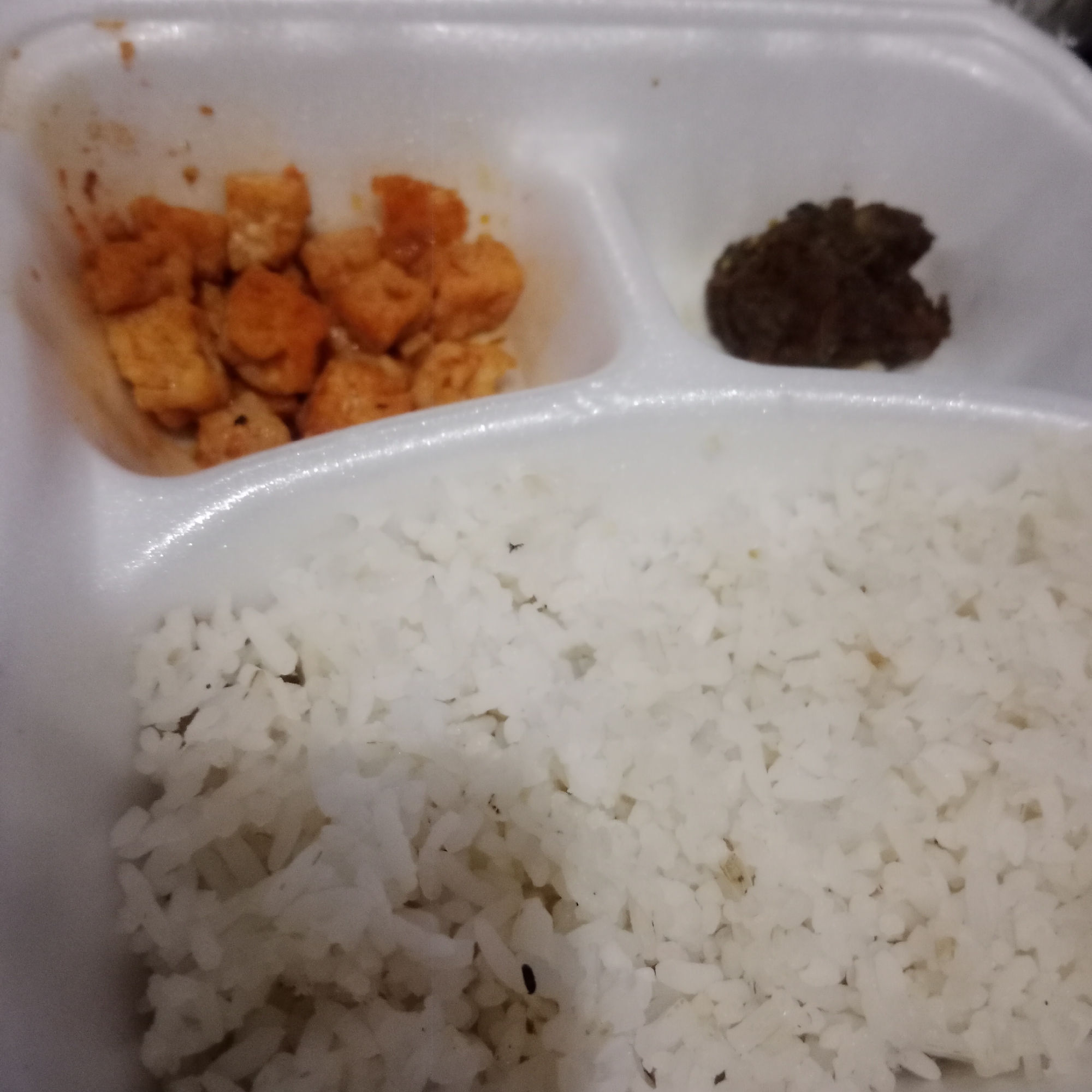 A close-up, overhead shot of a compartmentalized takeout container. The container is white styrofoam with three sections. The largest section on the right is filled with white rice. The middle section contains a small, dark, irregularly shaped piece of food, possibly ground meat. The left section holds several cubed pieces of food, which appear to be fried tofu or tempeh coated in a reddish-orange sauce. The background is out of focus, but it appears to be an indoor setting with neutral lighting. There are no people visible in the image. The location is Tegowanu Kulon, Indonesia, but there are no specific environmental cues in the image to indicate this location.