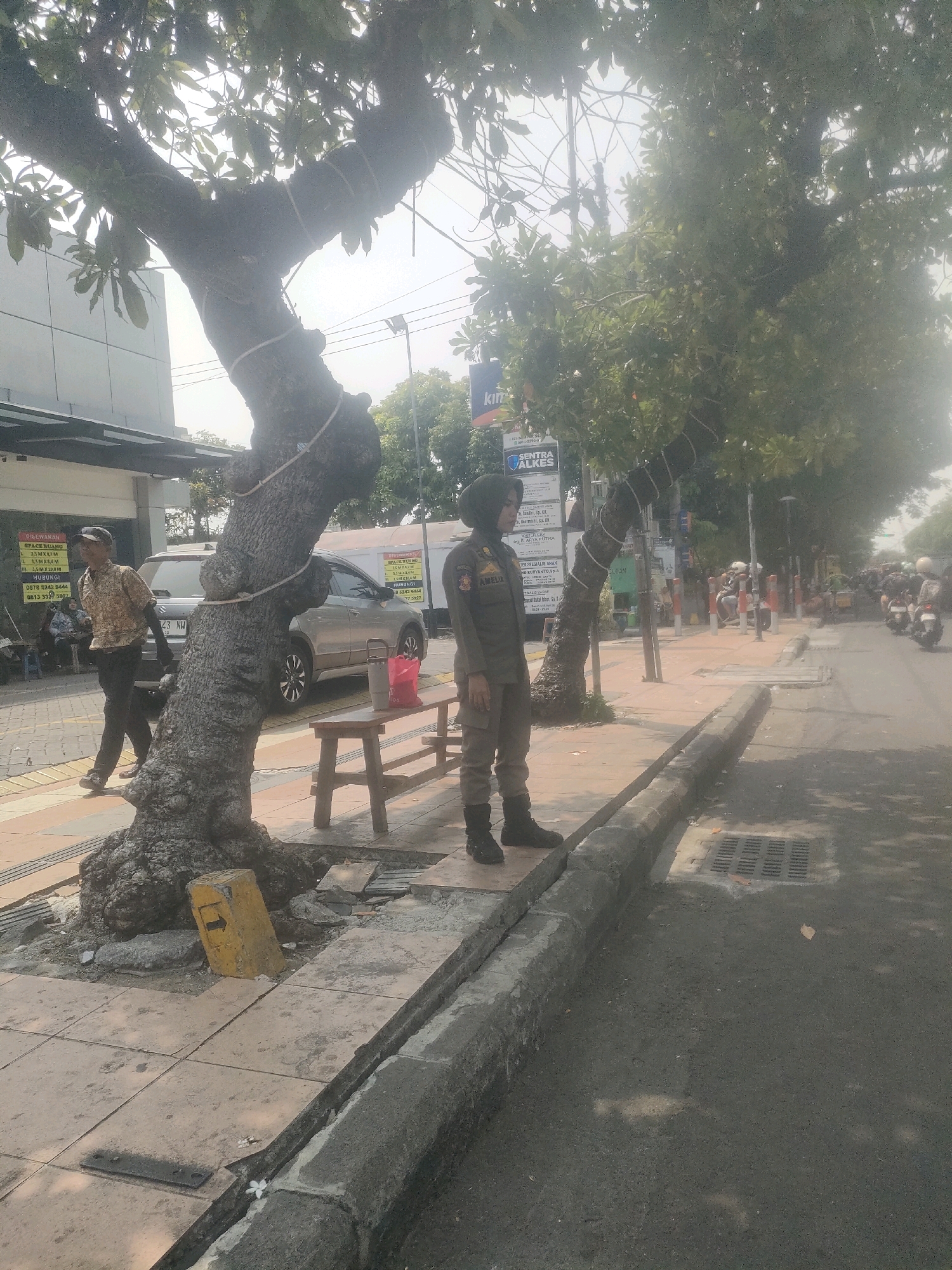 In Surabaya, Indonesia, an outdoor scene unfolds with a person in uniform standing on a sidewalk. The individual, likely a government official given the uniform's design and insignia, is positioned near a large, gnarled tree with ropes wrapped around its trunk. The uniform is olive green, consisting of a long-sleeved shirt and pants, paired with dark boots and a head covering. The person's stance is relaxed, facing slightly to the left, with hands at their sides.
Behind the uniformed individual, a wooden bench is visible, with a red bag and a small metal cup placed on it. To the left of the tree, a man in a patterned shirt and dark pants walks away from the camera. A grey car is parked behind him, with its license plate partially obscured. The sidewalk is paved with square tiles, and a yellow marker with an arrow points to the left. In the background, traffic can be seen on a road, with several motorcycles and some pedestrians. Buildings line the street, and leafy trees provide shade. The overall impression is a typical urban setting in Surabaya, likely during daylight hours, with a focus on the uniformed individual on duty.
