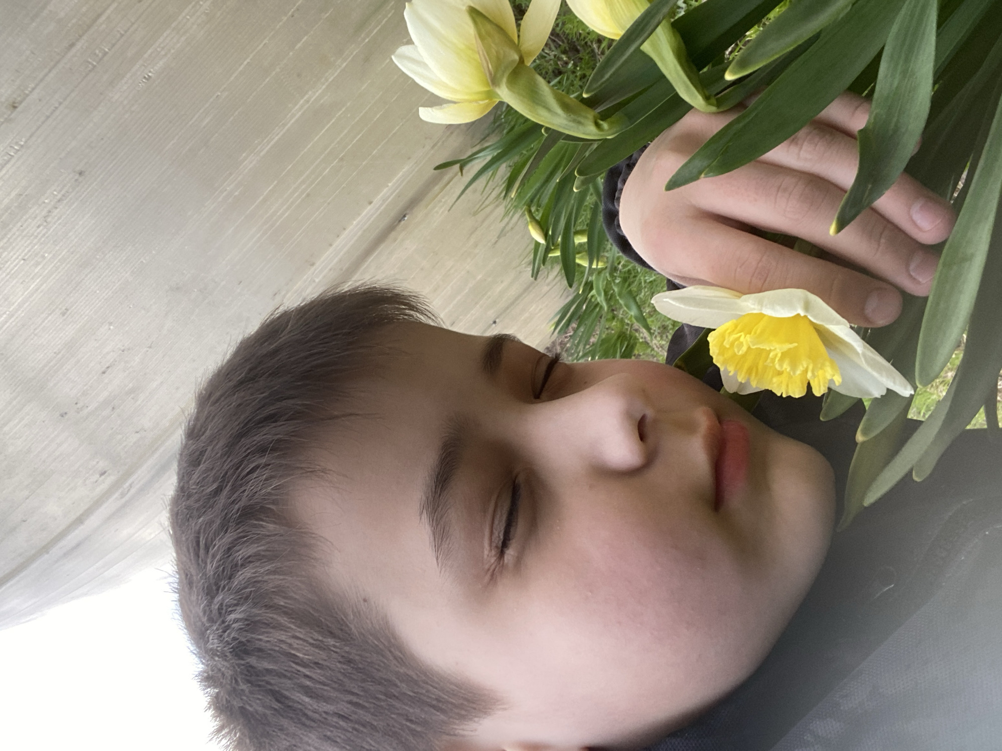 The image is presented in a portrait orientation, rotated 90 degrees counter-clockwise. It features a close-up of a young person, likely a child or pre-teen, with their eyes closed. They appear to be sleeping or resting peacefully. The person's head occupies the lower-left portion of the frame, angled towards the right and slightly downwards. Their dark brown hair frames their face, and their fair skin is softly lit. Their lips are gently parted.
In the upper-right section of the image, and extending into the lower-right, are several blooming daffodils with lush green leaves. One prominent daffodil with white petals and a bright yellow trumpet rests near the person's cheek. Other daffodils, some still in bud, are visible among the foliage. The person's right hand is gently placed among the green leaves in the upper-right, suggesting a delicate interaction with the plants.
The background, visible primarily in the upper-left, is a light-colored, textured surface, possibly a wooden fence, wall, or corrugated material, indicating an outdoor setting. Hints of green foliage or grass are also visible in the mid-ground. The natural lighting suggests it is daytime under clear conditions. The overall mood is serene and tranquil, depicting a moment of rest amidst nature. No visible text is present in the image. The location is Chaikovsky, Russia.