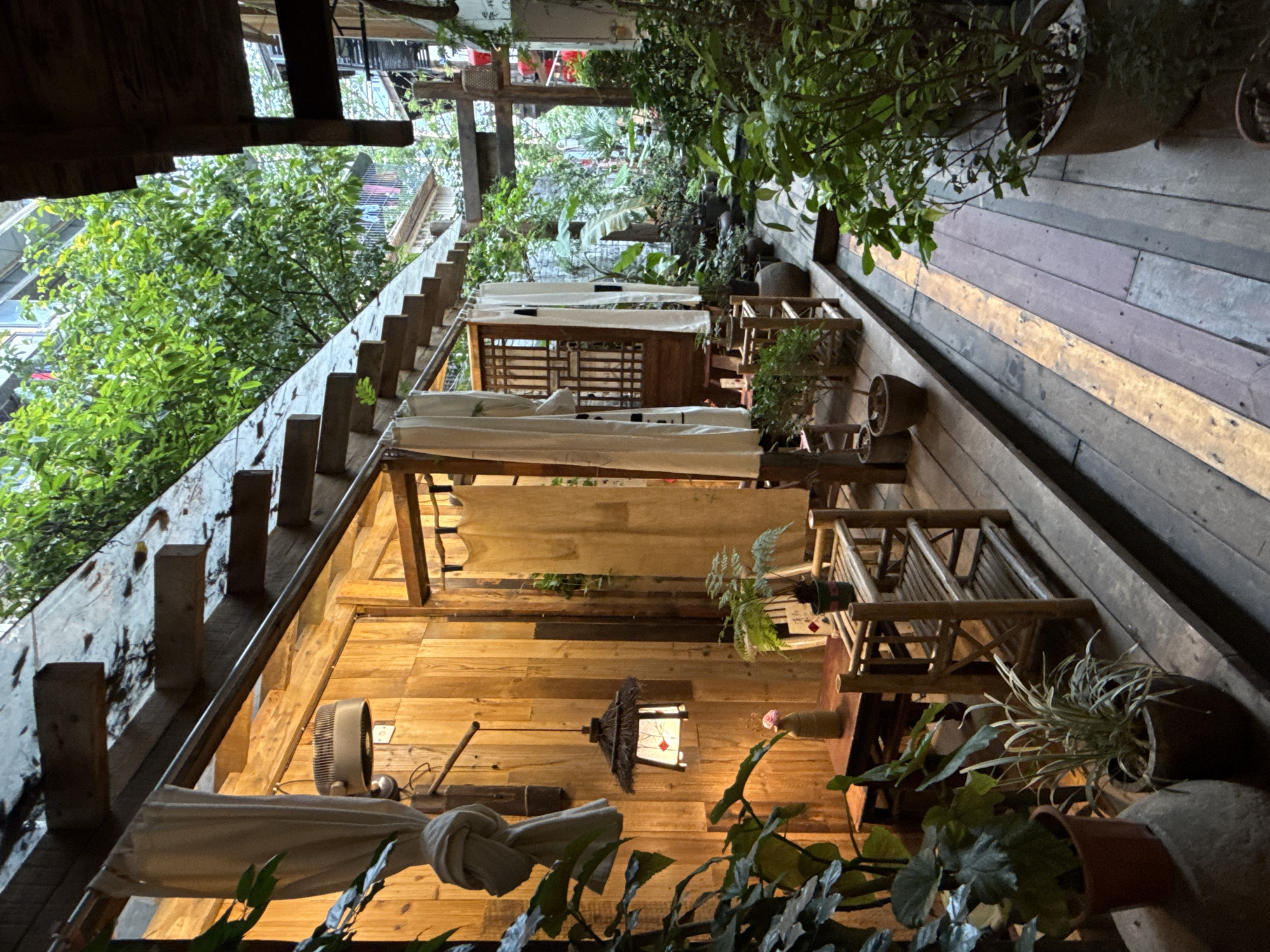 This image depicts a secluded, verdant alleyway or courtyard, likely a part of a traditional-style establishment such as a cafe or tea house, located in Yuzhong District, Chongqing, China, characteristic of areas like Hongya Cave. The scene is illuminated by artificial light, suggesting evening or night.
On the left, a vertical plank wooden wall features two distinct light fixtures: a modern, cylindrical light mounted high, and a traditional, straw-hat style lantern hanging by a cord, illuminating a small wooden table. A single pink flower in a slender vase sits on this table. Adjacent to the table is a multi-tiered, open-slat bamboo-style furniture piece. Light-colored fabric curtains are draped and tied back along the wooden structure, revealing sections. Above, an angled, transparent corrugated roof or canopy, supported by exposed wooden beams, is visible, with organic debris settled on its surface.
The ground is a wooden boardwalk pathway with planks exhibiting varying tones, running through the center and extending to the right. The entire scene, particularly the right side, is densely populated with numerous potted plants of various species, including ferns and broad-leafed plants, arranged along the path and structures. In the background, lush green trees form a canopy, and glimpses of other buildings with windows and balconies, some with clothes hanging, are visible. No individuals are present in the image.