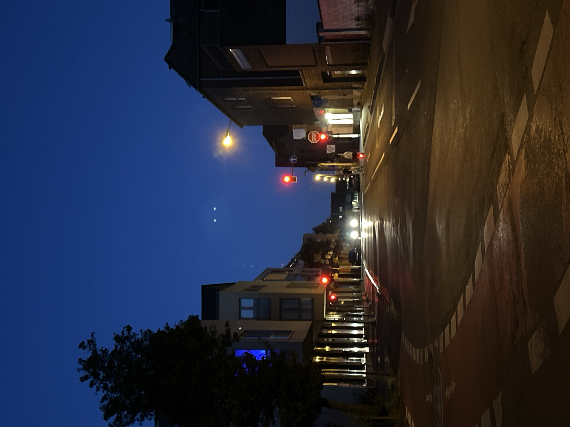 The image depicts a nighttime street scene in Krefeld, Germany, likely during dusk or early night as the sky is a deep blue. The perspective is from the side of the road, looking down a street lined with buildings. On the left side, modern buildings with multiple stories and illuminated windows are visible, featuring a prominent tree in the foreground. The street itself has wet pavement, reflecting the lights from street lamps and traffic signals. A red bike lane with white markings curves into the foreground.
On the right side of the street, older, darker brick buildings are present, also with illuminated windows. Traffic lights are visible, with at least one red light illuminated. A stop sign is also present. There are streetlights casting a warm glow onto the street. The headlights of a car are visible further down the street, suggesting ongoing traffic. Two faint, circular light sources are present in the upper part of the sky. The overall atmosphere is urban and quiet, illuminated by artificial light.