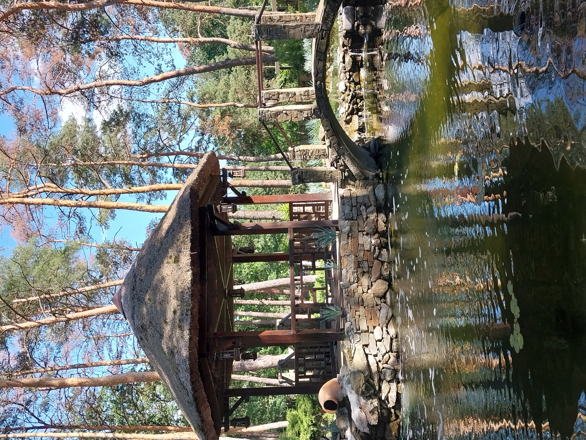 This image depicts a tranquil park scene in Orlivshchyna, Ukraine. In the foreground, a body of water reflects the surrounding environment, with ripples on its surface. To the right, a stone bridge arches over the water, supported by stone pillars. Beyond the bridge, a thatched-roof gazebo with wooden posts and railings stands on a stone-lined embankment. The gazebo is surrounded by lush greenery and tall pine trees that stretch towards a clear blue sky. The overall atmosphere is serene and natural.