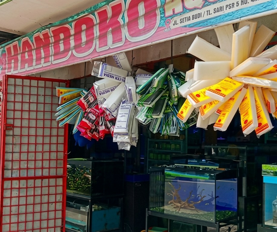 The image depicts a storefront in Medan, Indonesia, identified by the sign "HANDOKO," located at "JL. SETIA BUDI/TL. SARI PSR 5 NO." The shop appears to sell aquarium-related products, indicated by the presence of fish tanks and packages labeled "FILTER MEDIA" hanging from the storefront's awning. A red, grid-like structure, resembling a door or gate, is visible to the left.