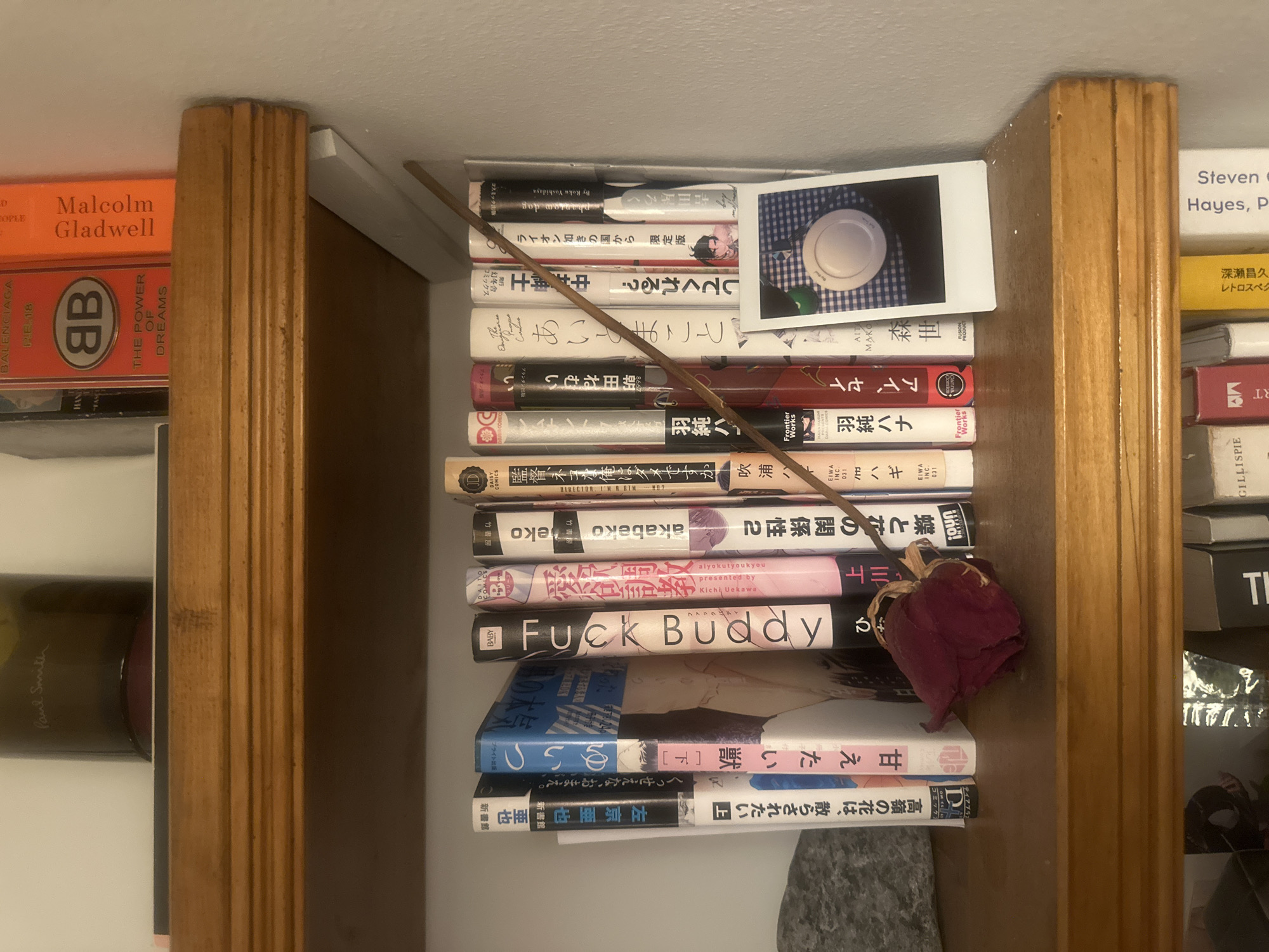 The image shows a section of a bookshelf filled with books, mostly Japanese literature and manga. There's also a Polaroid picture, a dried rose, and a thin twig lying across the books. The shelf is made of wood with a simple design. There are other shelves visible to the left and right, holding additional books and items. The scene is indoors, likely in a home. There is no indication the photograph was taken in the city of Folkestone and Hythe District, United Kingdom.