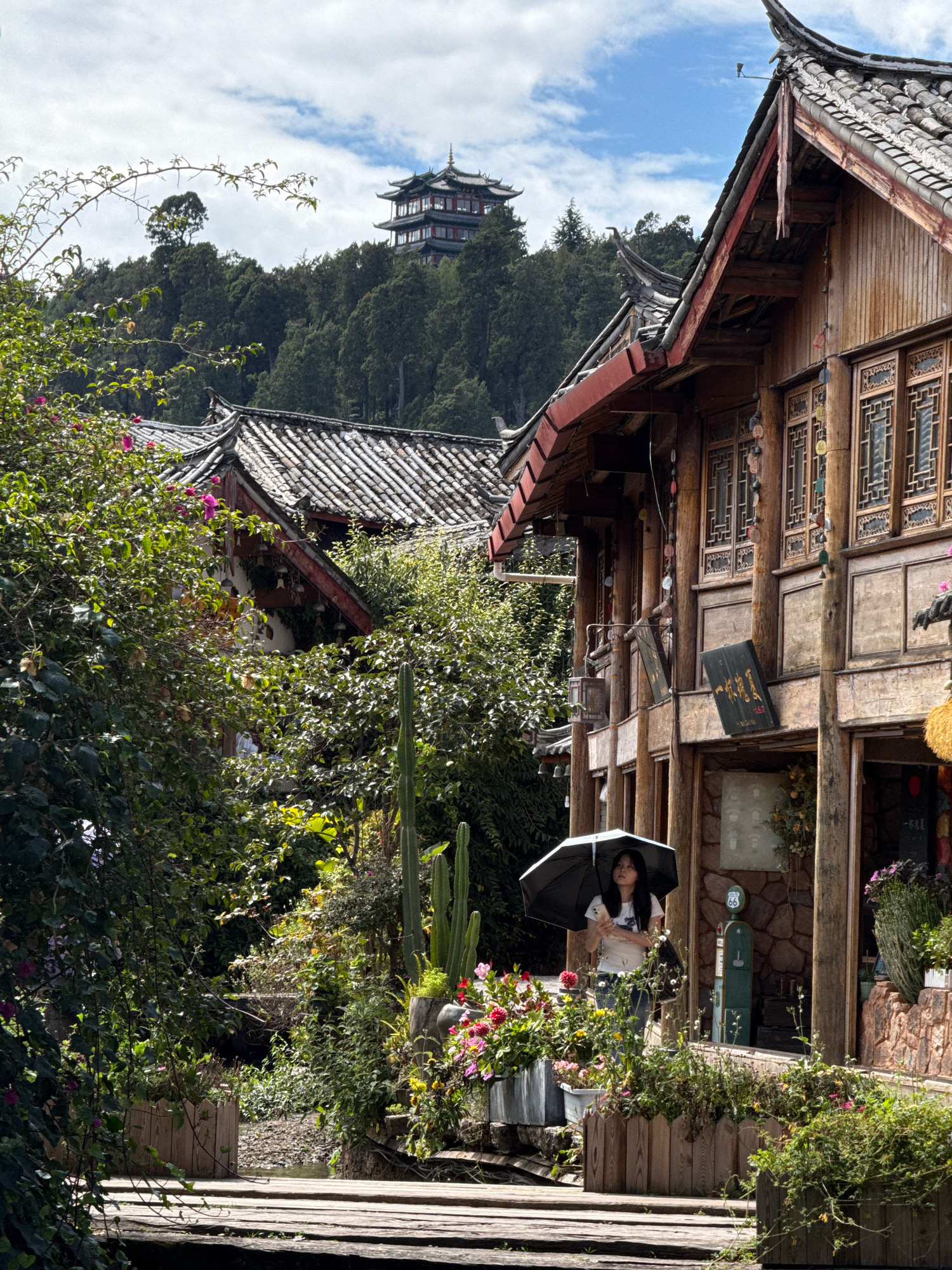 In a sunlit outdoor scene, a young woman stands holding a black umbrella and a smartphone. She is dressed in a white t-shirt and blue jeans. The setting appears to be a traditional building made of wood, possibly a shop or restaurant, with ornate windows and a tiled roof. Lush greenery, including flowering plants and cacti, surrounds the structure, and a wooden pathway leads towards the foreground. In the background, a multi-tiered pagoda-style building is visible atop a forested hill under a cloudy sky. This scene is located in Gucheng District, China, known for its ancient architecture and natural beauty.