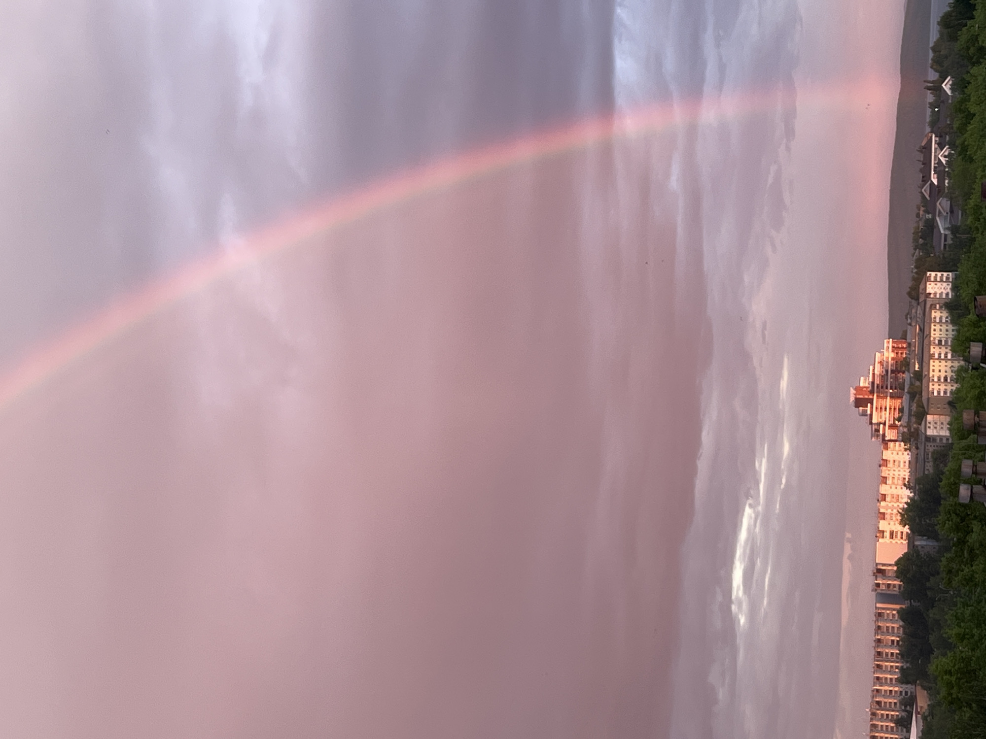 The image depicts a cityscape in Irkutsk, Russia, under a sky dominated by a pinkish hue and a visible rainbow. The lower portion of the image reveals a dense canopy of green trees, interspersed with various buildings. Prominent among these are apartment blocks, some appearing to be of a uniform, older architectural style, while others feature more modern designs with balconies and varying heights. In the background, a body of water is visible, with a distant shoreline and hills. The sky exhibits a gradient of colors, from a soft pink at the top to a more subdued gray and pink near the horizon, with scattered clouds. A bright, pink-tinged rainbow arcs across the sky, its upper portion fading into the pink clouds. The scene appears to be captured during either sunrise or sunset, given the atmospheric lighting. There are no people visible in the image.