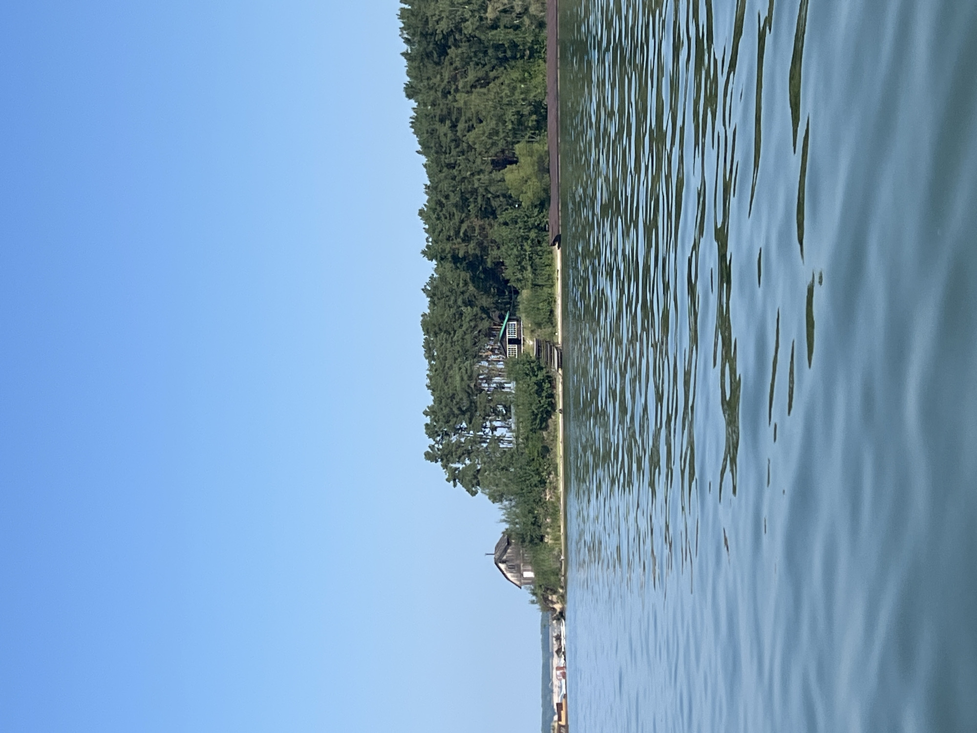 The image depicts a serene landscape with a calm body of water in the foreground, reflecting the clear blue sky. In the mid-ground, a densely wooded peninsula juts out into the water, with a cluster of tall pine trees forming a natural backdrop. On the left side of the peninsula, a weathered, wooden house sits atop a small bluff, its dark siding contrasting with the green foliage. Further along the shoreline, a second, smaller building with a green roof is nestled amongst the trees. A long, dark barge or pontoon rests on the water near the shore, partially obscured by vegetation. The water appears somewhat rippled, suggesting a gentle breeze. The scene evokes a sense of quiet isolation and natural beauty. The location is identified as being in the city of Borovoe, Russia.