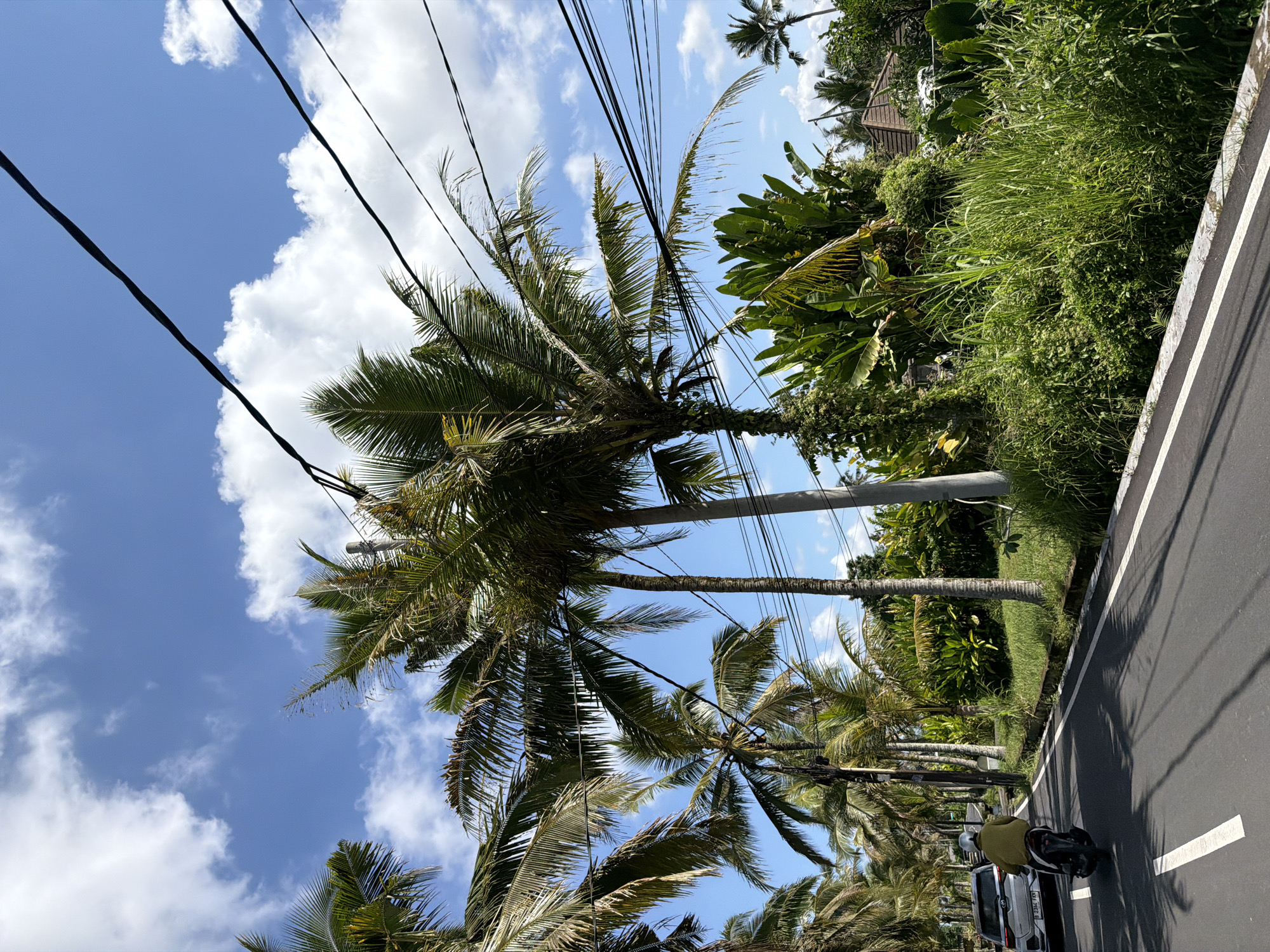In Tampaksiring, Indonesia, a paved road stretches into the distance, bordered by lush vegetation and palm trees. A person rides a scooter on the left side of the road, wearing a yellow jacket and white helmet. A silver car is also present on the left side of the road. Overhead, power lines crisscross against a bright blue sky dotted with white clouds. The scene suggests a tropical, perhaps rural, setting with a mix of natural beauty and modern infrastructure.