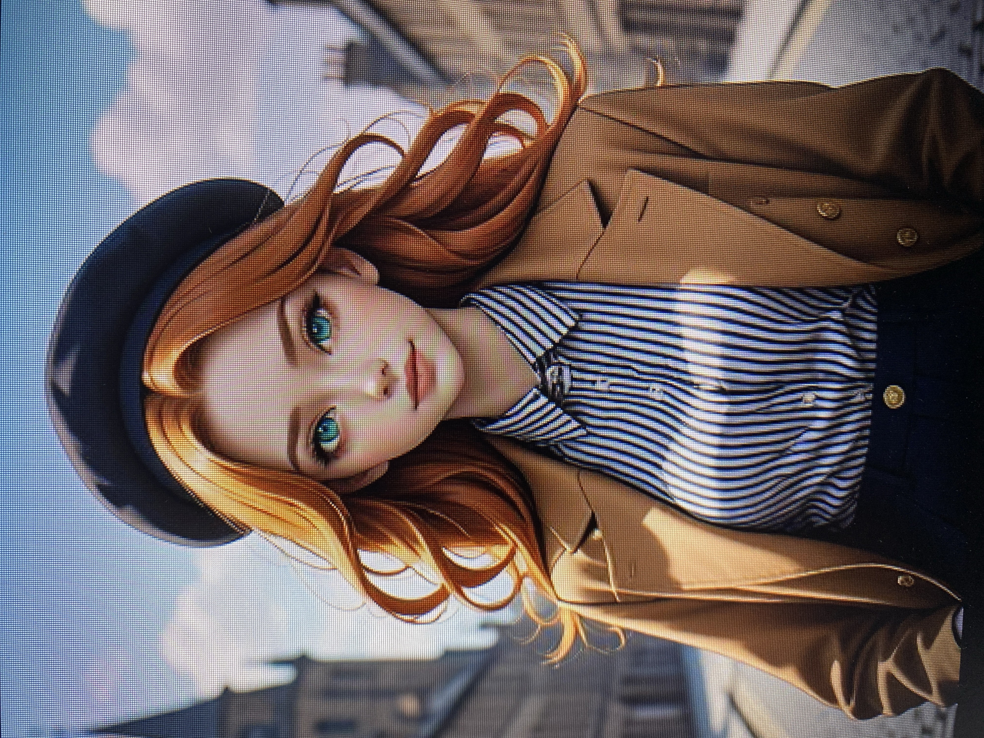 A digital illustration depicts a young woman with auburn hair, striking blue eyes, and fair skin, wearing a black beret, a brown blazer over a black and white striped shirt, and a dark skirt or pants. She is posed centrally, with her body angled slightly towards the viewer and her head looking directly at the camera. The background suggests an urban environment with classical architecture, a cobblestone street, and a cloudy sky. The style is reminiscent of anime or manga. There are no discernable landmarks that specifically place the scene in Yerevan, Armenia, or any other identifiable city. The image is a close-up portrait, focusing on the subject's facial features and upper body.