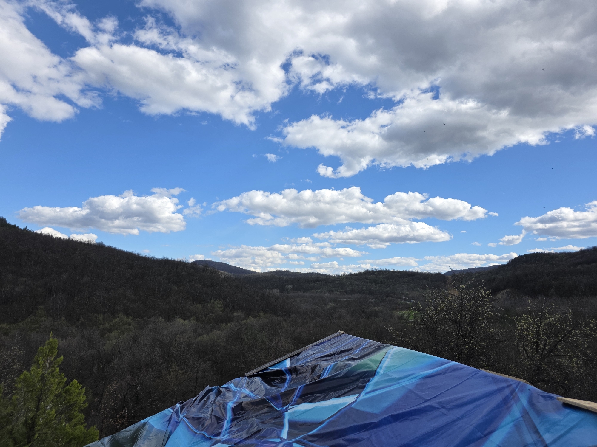 The image captures a landscape in Pozhernik, Bulgaria, presenting a bright blue sky scattered with puffy white clouds. The terrain is marked by rolling hills covered in dense, bare forests, indicating a winter or early spring season. In the foreground, a roof covered with a blue tarp featuring a geometric pattern takes center stage, partially obscuring the view. A single green pine tree stands to the left of the roof, adding a touch of color to the otherwise muted landscape. Small birds are seen flying in the sky. The overall scene conveys a sense of rural tranquility.