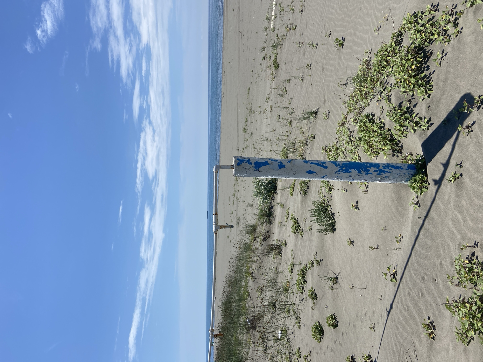 The image shows a beach scene. A blue sky with white clouds is visible above the sea. A light-colored sandy beach occupies the lower portion of the image. A white pole with blue paint stands in the sand, casting a shadow. Green vegetation grows sporadically across the sand. A metal pipe runs along the ground near the pole. The location appears to be a beach near an urban area, though the exact city and region are not identifiable from the image.