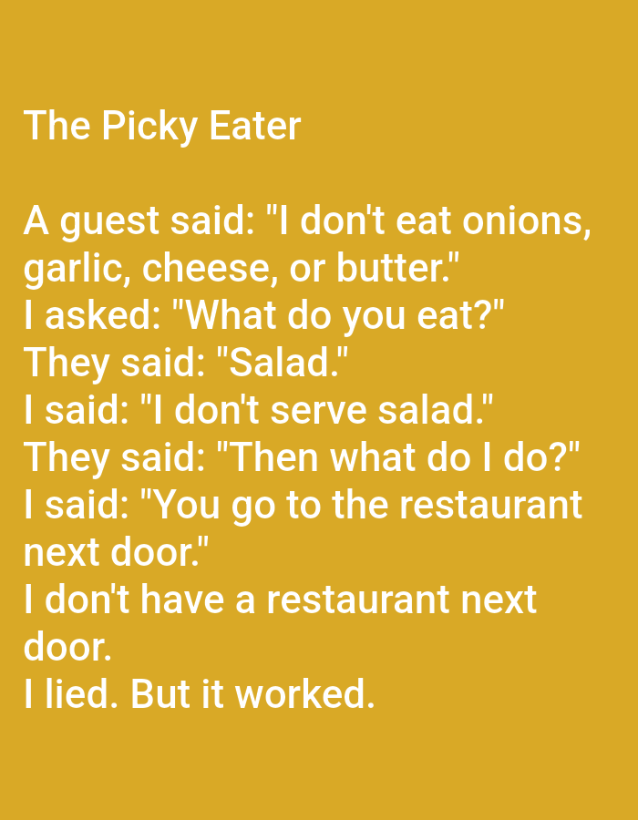 The image contains text on a solid orange background. The text is arranged in paragraphs and is white. The title of the text is "The Picky Eater". The text reads as a joke about a picky eater's dietary restrictions. There is no depiction of Kępno, Poland, or any visual elements other than text.