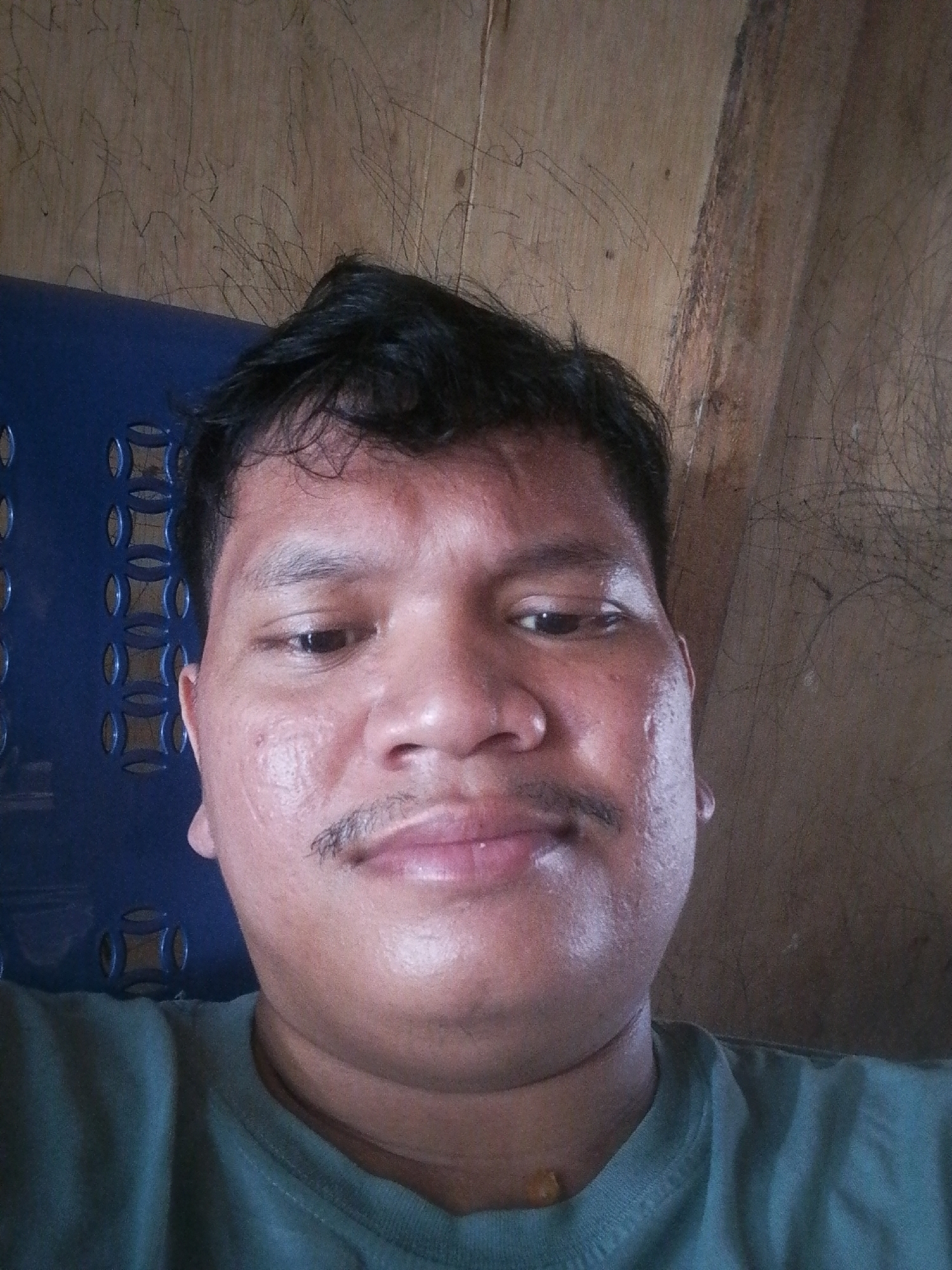The image is a selfie taken by a man in Labuhan Bilik, Indonesia. The man is of South Asian descent with dark hair and a mustache. He is wearing a green t-shirt and is seated in front of a blue chair. The background consists of a wooden wall with some scratches and stains. The lighting is natural and the image is slightly blurry. The man's face is the primary subject of the image, and he is looking directly at the camera. His skin appears to be oily and slightly red, possibly due to heat or sweat. There are some faint marks on his cheeks, which could be acne scars or blemishes. The overall impression is that the image was taken casually and without much preparation.