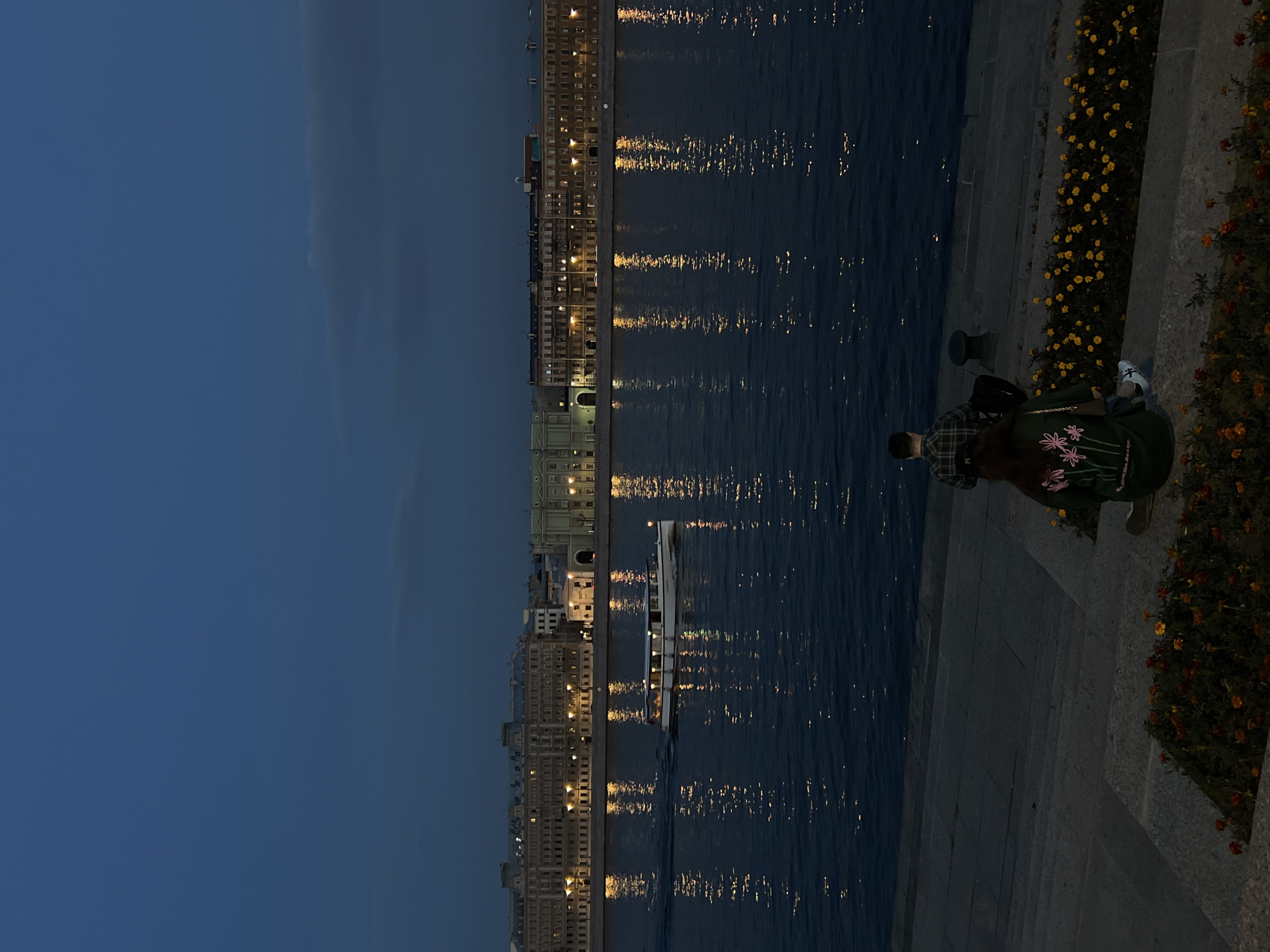 At dusk, two individuals are seated on stone steps overlooking a wide, dark river. The person in the foreground, facing away from the camera, is wearing a dark green sweatshirt with a floral design on the back and white sneakers. The person behind them, also facing away, is wearing a plaid shirt. A small boat with illuminated windows is traveling on the river, leaving a wake. Across the river, a long row of historical buildings is visible, their windows lit with warm yellow light, creating reflections on the water's surface. The sky is a deep blue, with some faint clouds. In front of the seated individuals, a flowerbed filled with small yellow and orange flowers is illuminated.