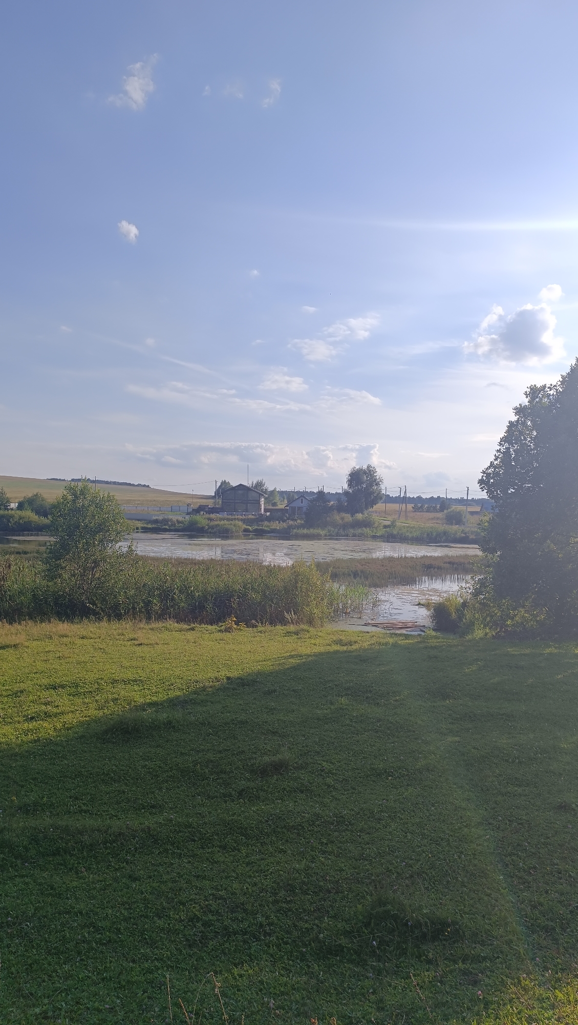 An outdoor, wide shot captures a natural landscape under a clear blue sky with scattered white clouds. The foreground is dominated by a verdant, green grassy field, with a noticeable shadow cast across it from the left. In the mid-ground, a body of water, appearing somewhat murky and partially overgrown with reeds, reflects the sky. Across the water, a small village or rural settlement is visible, featuring several buildings including what appears to be a larger structure with a pitched roof and smaller houses. The background shows rolling hills and trees, with a power line extending across the horizon. The lighting suggests it is daytime, likely late afternoon or early morning due to the angle of the sunlight. The overall scene is serene and depicts a rural or semi-rural environment. This image is not located in Karsha, Russia.