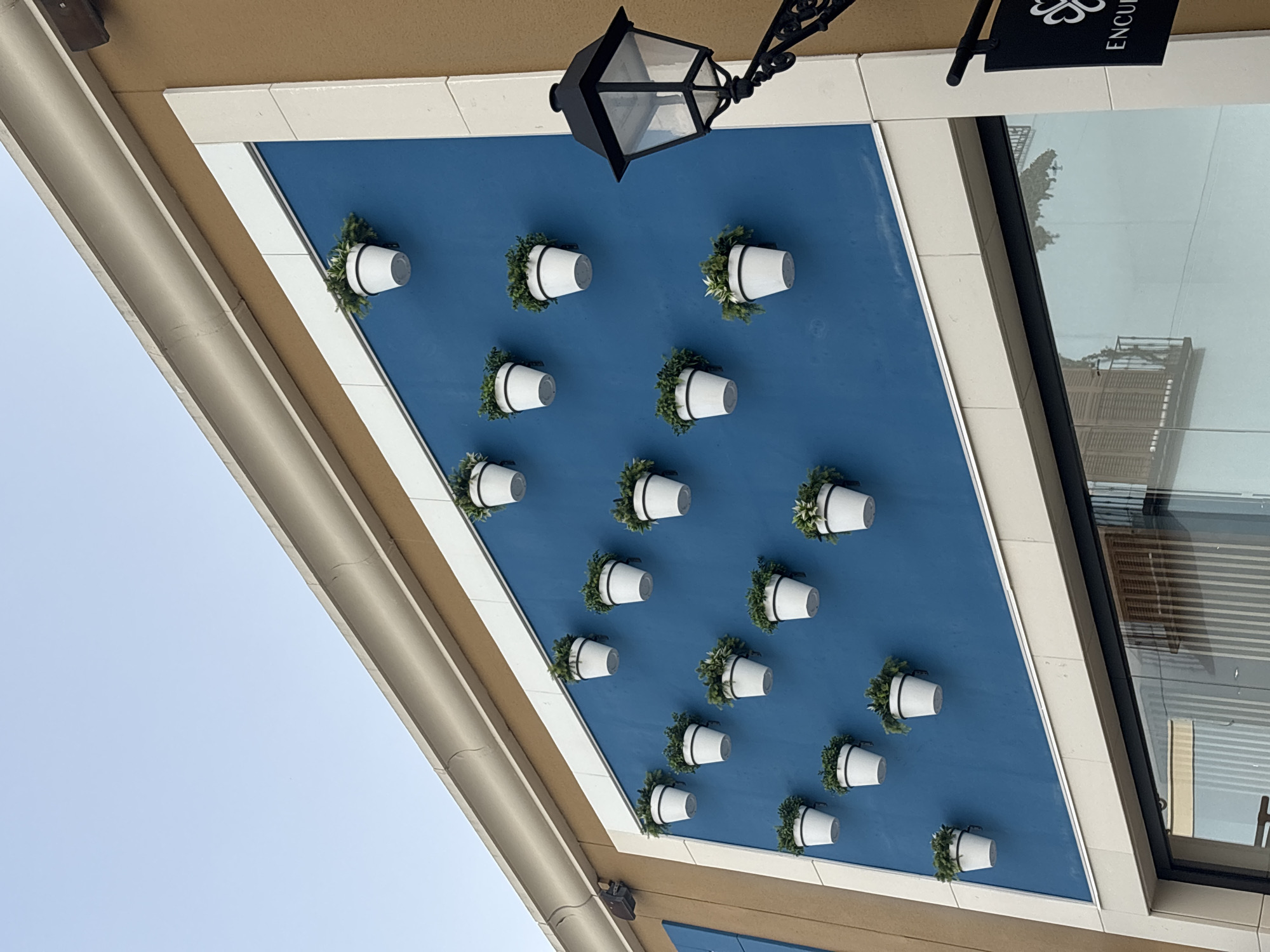 The image shows a building facade with a large blue rectangular panel decorated with numerous white planters containing green foliage, arranged in a grid pattern. The planters are mounted on the blue panel, which is framed by beige and white architectural elements. A tan-colored wall is visible to the right and above the blue panel. A black outdoor lamp with decorative scrollwork is mounted to the right of the blue panel, with its light fixture facing downwards. The overall scene appears to be an exterior architectural detail, possibly in a commercial or public space, in the city of Orihuela, Spain. The sky is visible in the upper portion of the image, appearing clear and pale blue. Reflections of a building with balconies and shutters are visible in the glass of a storefront at the bottom of the image. A black sign with white text and a clover-like symbol is also visible on the right side of the storefront.