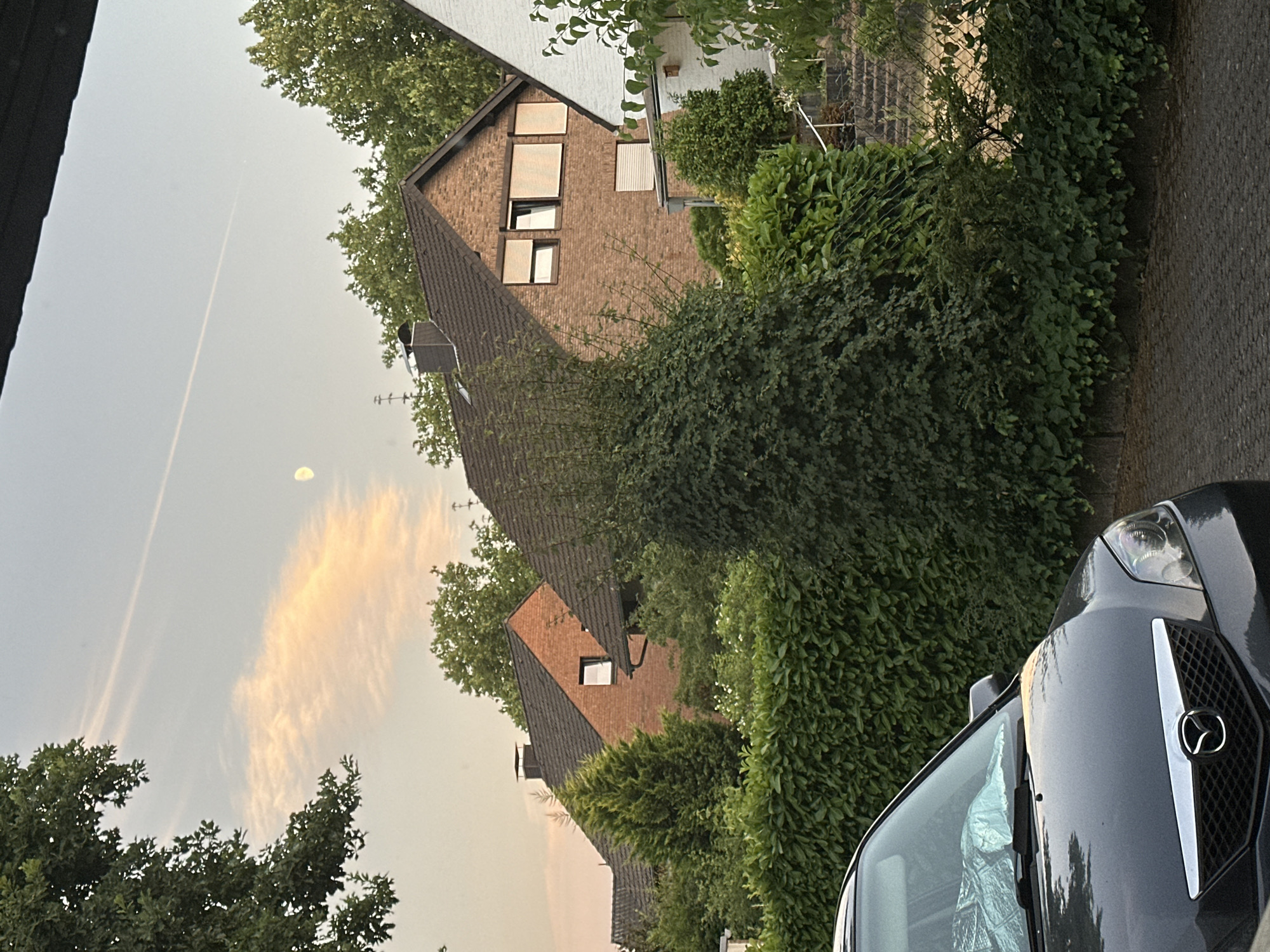 The image depicts a suburban street scene in Krefeld, Germany, likely in the evening given the soft lighting and the presence of the moon. In the foreground, the hood and front bumper of a dark gray car are visible, with its headlights illuminated. The car is parked on a paved surface, possibly a driveway or street.
Behind the car is a dense, well-maintained green hedge. Beyond the hedge, several brick houses with dark tiled roofs are visible. One house has a prominent chimney. The windows of the houses show signs of being covered by blinds or shutters, suggesting occupants are home. The houses are nestled amongst mature trees with lush green foliage.
In the sky, a pale moon is visible, partially obscured by light, wispy clouds that are tinged with orange and pink, indicating sunset or sunrise. A faint contrail from an aircraft is also visible in the sky. The overall impression is one of a quiet residential area in Krefeld.