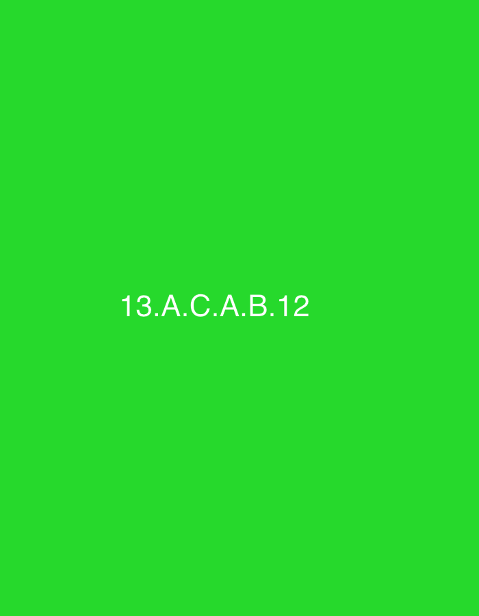 The image displays a plain, vibrant green background. Centered on this monochromatic canvas is white text that reads "13.A.C.A.B.12". There are no discernible people, objects, or specific scenes depicted in the image, making it an abstract or textual piece rather than a photographic representation of a physical location or event. The green color is uniform across the entire frame, providing a stark contrast for the white text. No activity or event is taking place, and there are no visual cues regarding the time of day, weather, or emotions. While the provided context indicates the location is Varna, Bulgaria, the image itself does not contain any visual elements to support or illustrate this specific geographic setting. The text "13.A.C.A.B.12" is the primary and only visible detail.
