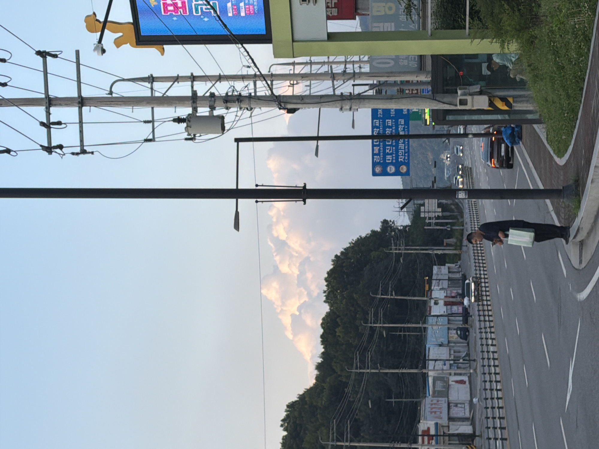 The image shows a street scene in Pocheon-si, South Korea. A man stands on the side of a road, holding a shopping bag and looking at his phone. The road is lined with buildings and trees. In the background, there are clouds in the sky. There are also several cars on the road. The image appears to have been taken in the late afternoon or early evening.