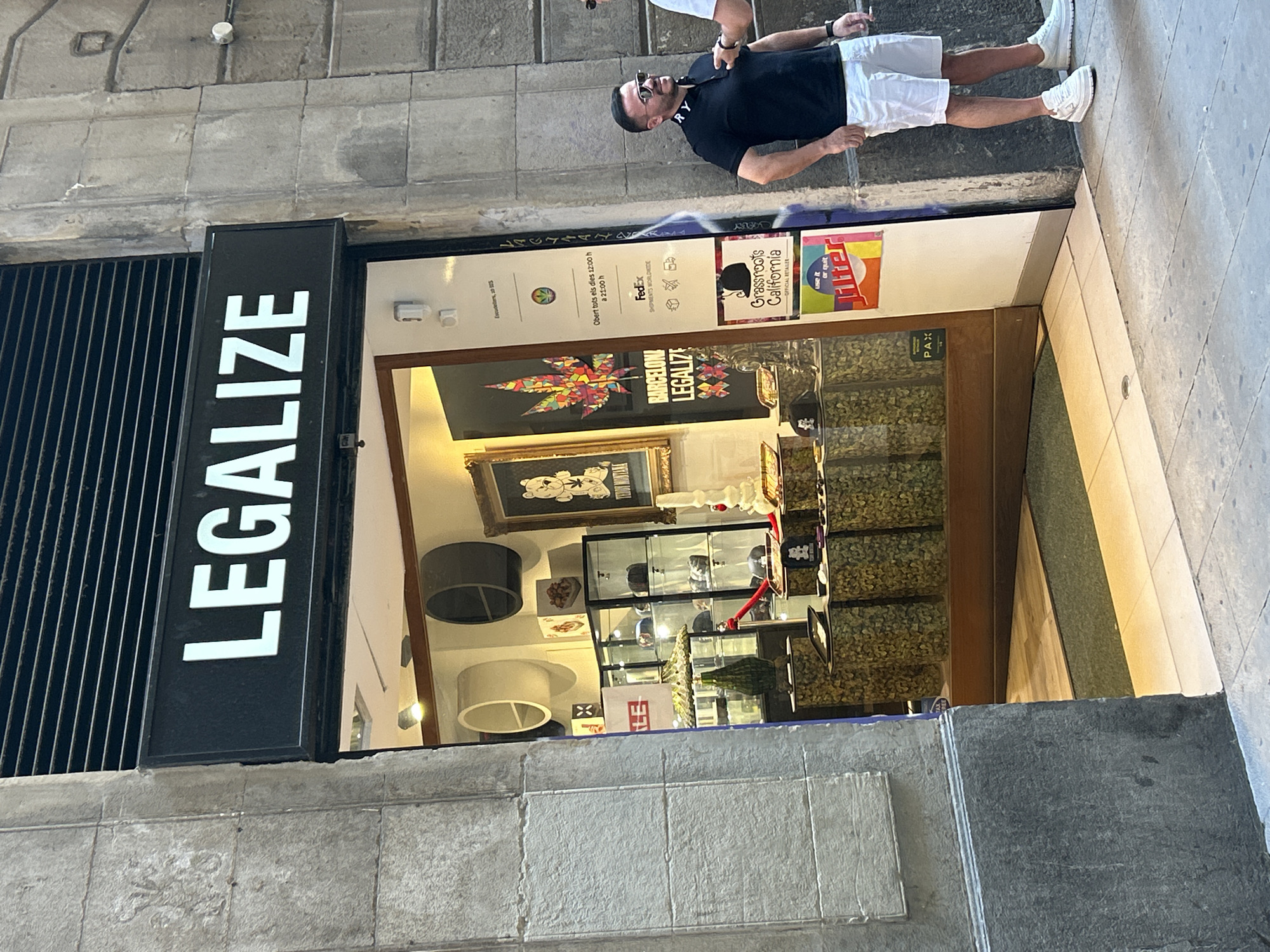 The image captures a street-level view of a storefront, likely in an urban setting during daytime. A man stands on the paved sidewalk in front of the store, looking towards its entrance. He has dark hair, wears sunglasses, a black polo shirt with "RY" visible on the collar, white shorts, and white athletic shoes. He holds a small, dark object in his right hand.
The storefront features a prominent vertical black sign on the left with the word "LEGALIZE" in large white capital letters. Through the large glass window, the interior of the store is visible, showcasing numerous clear containers filled with green, leafy material, arranged in stacks along the right side. A colorful artwork depicting a cannabis leaf with "BARCELONA LEGALIZE" is displayed inside. Other items visible include glass display cases, lighting fixtures, and framed artwork, such as one with a teddy bear.
Several signs and posters are visible within the storefront window:
- Details for the store: "Escudelters, 30 WS".
- Opening hours: "Obert tots els dies 12:00 h a 21:00 h" (open daily from 12:00 to 21:00).
- Shipping information: "FedEx SHIPMENTS WORLDWIDE".
- Brand affiliations: "Grassroots California OFFICIAL RETAILER" and "Jilter" with the tagline "use it or quit".
- A smaller sign displaying "PAX" is also visible inside the store.
The bright lighting suggests the image was taken on a clear day. The combination of "LEGALIZE" signage, cannabis leaf artwork, and visible products indicates a retail establishment specializing in legal cannabis or related items, situated in Barcelona, Spain, as suggested by the "BARCELONA" text and the local language for store hours.