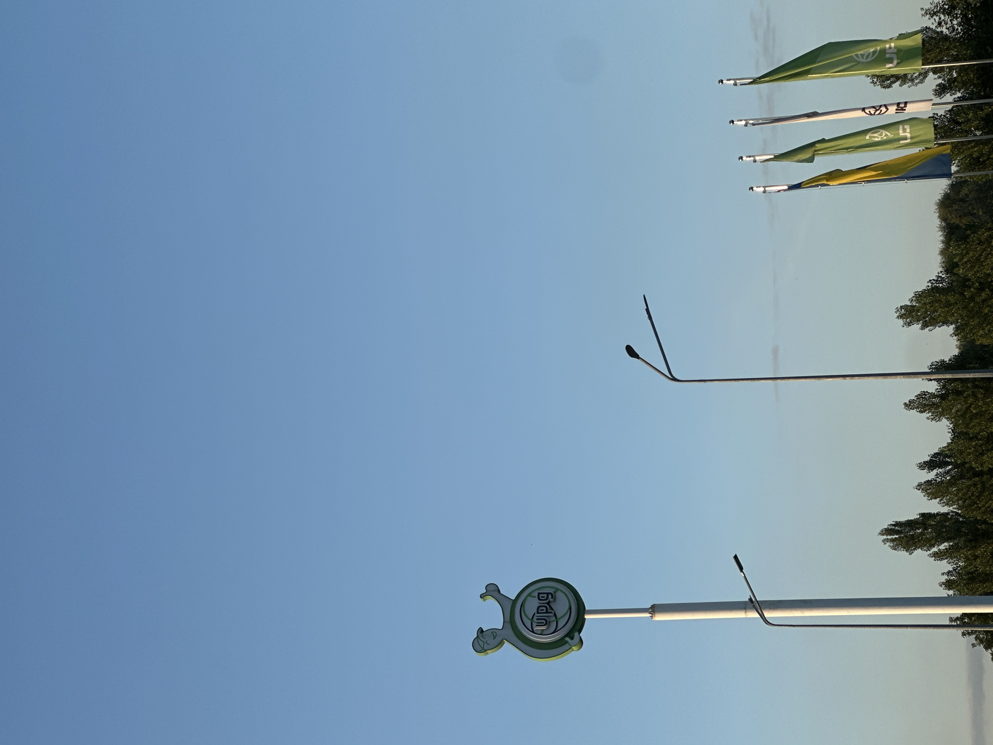 The image depicts a clear blue sky above a line of trees. In the foreground, a tall pole supports a circular green and white sign with the letters "UPG" and a stylized depiction of a person. To the right of the pole, a row of flags flies, including one yellow and blue Ukrainian flag and several green flags bearing logos. Streetlights are visible in the middle ground. The scene appears to be an outdoor area, possibly near a business or public space in Kamianets-Podilskyi, Ukraine.