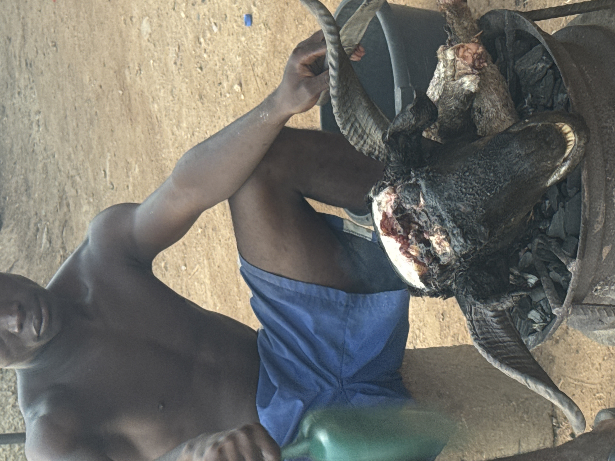 A shirtless man in blue shorts sits outdoors next to a metal container holding what appears to be a goat's head. The goat head is singed and appears to have been burned. The container contains charcoal. This scene is potentially located in Yelwa, Nigeria.