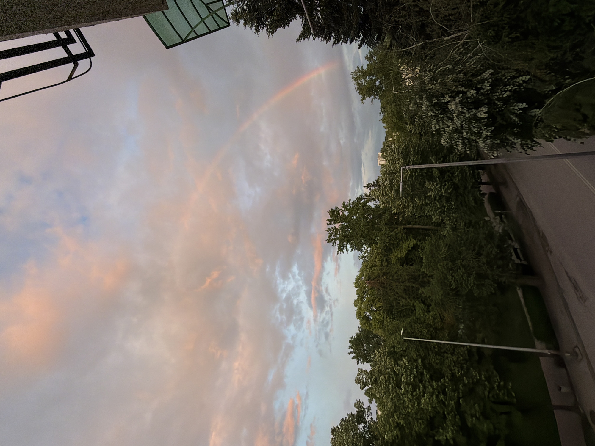 The image captures an outdoor scene at twilight, characterized by a faint rainbow arcing across a cloudy sky. The sky is filled with a mix of grey and light blue clouds, some of which are illuminated with soft orange and pink hues, suggesting either sunrise or sunset.
In the foreground, on the upper left, a dark metal balcony railing and part of a green, possibly translucent, roof or awning are visible, framing the top left of the sky.
The middle ground and background are dominated by dense, lush green trees that line what appears to be a street or road. The trees occupy the right side and lower portion of the frame. A paved road surface is visible along the right edge, running vertically through the frame (when correctly oriented). A slender silver street light pole extends upwards from the road, partially obscured by the trees. Through gaps in the foliage, tall, light-colored buildings can be seen in the distant cityscape.
The overall atmosphere is serene, marked by the natural phenomenon of the rainbow and the soft, diffused light of the early morning or late evening. No people or visible text are present in the image.