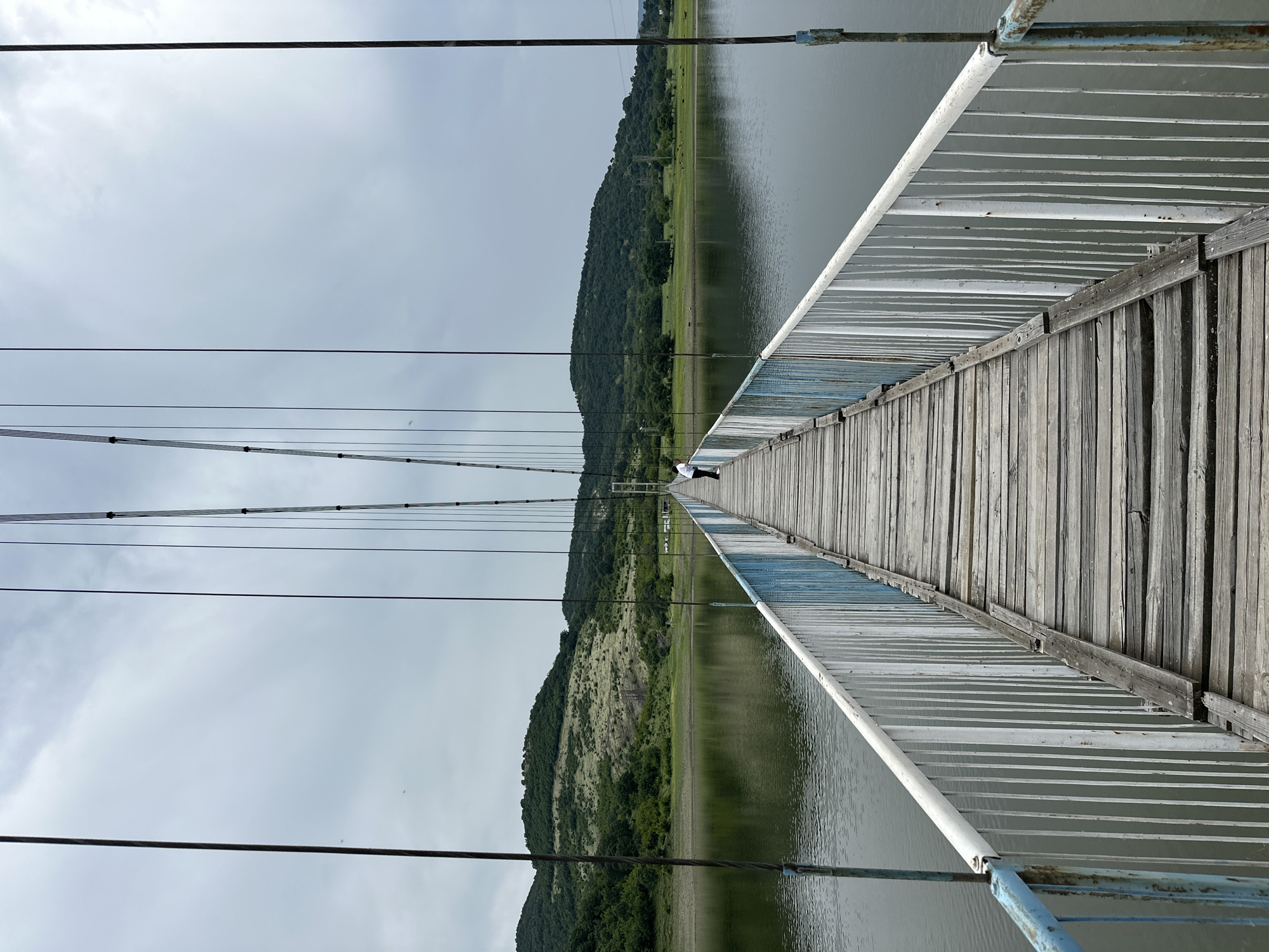 A long, weathered suspension bridge spans a calm, dark green body of water in Lisitsite, Bulgaria, leading towards a landscape of rolling green hills under an overcast sky. The photograph is taken from the bridge's entrance, offering a direct, symmetrical view down its length. The bridge deck is constructed from aged, grey wooden planks, many showing signs of wear and slight displacement. White metal railings with blue top rails and occasional blue vertical supports line both sides of the bridge, converging towards a vanishing point in the distance. Multiple thin, dark suspension cables extend upwards from the railings and deck, disappearing into the cloudy sky. A solitary individual, dressed in a white shirt and dark trousers, stands on the bridge approximately two-thirds of the way to the far bank, facing partially away from the camera and towards the right side. The water reflects the muted light of the sky and the distant hills, which are covered in a mix of dense forest and areas of lighter green vegetation and rocky outcrops. The sky is uniformly grey and cloudy, with no discernible sunlight.