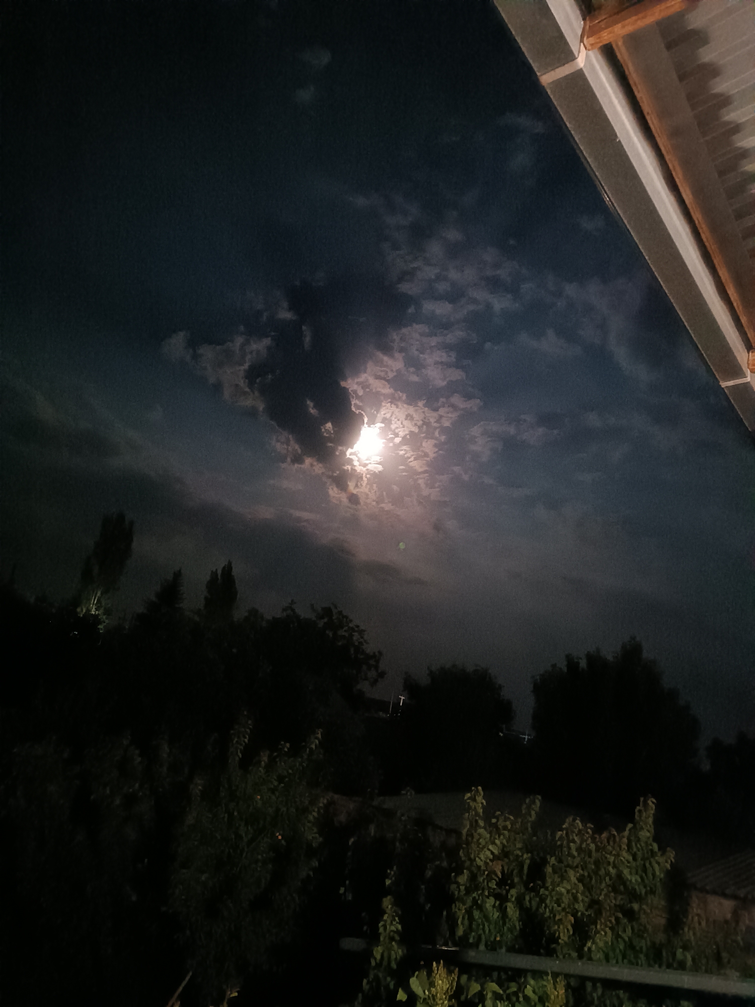 The image depicts a nighttime scene in Talin, Armenia. The sky is dark with scattered clouds, and a bright full moon is partially obscured by the clouds, casting a diffused light. Silhouetted trees and foliage are visible in the foreground and mid-ground, with a building's roofline extending from the upper right corner of the frame. The overall atmosphere is dark and serene.