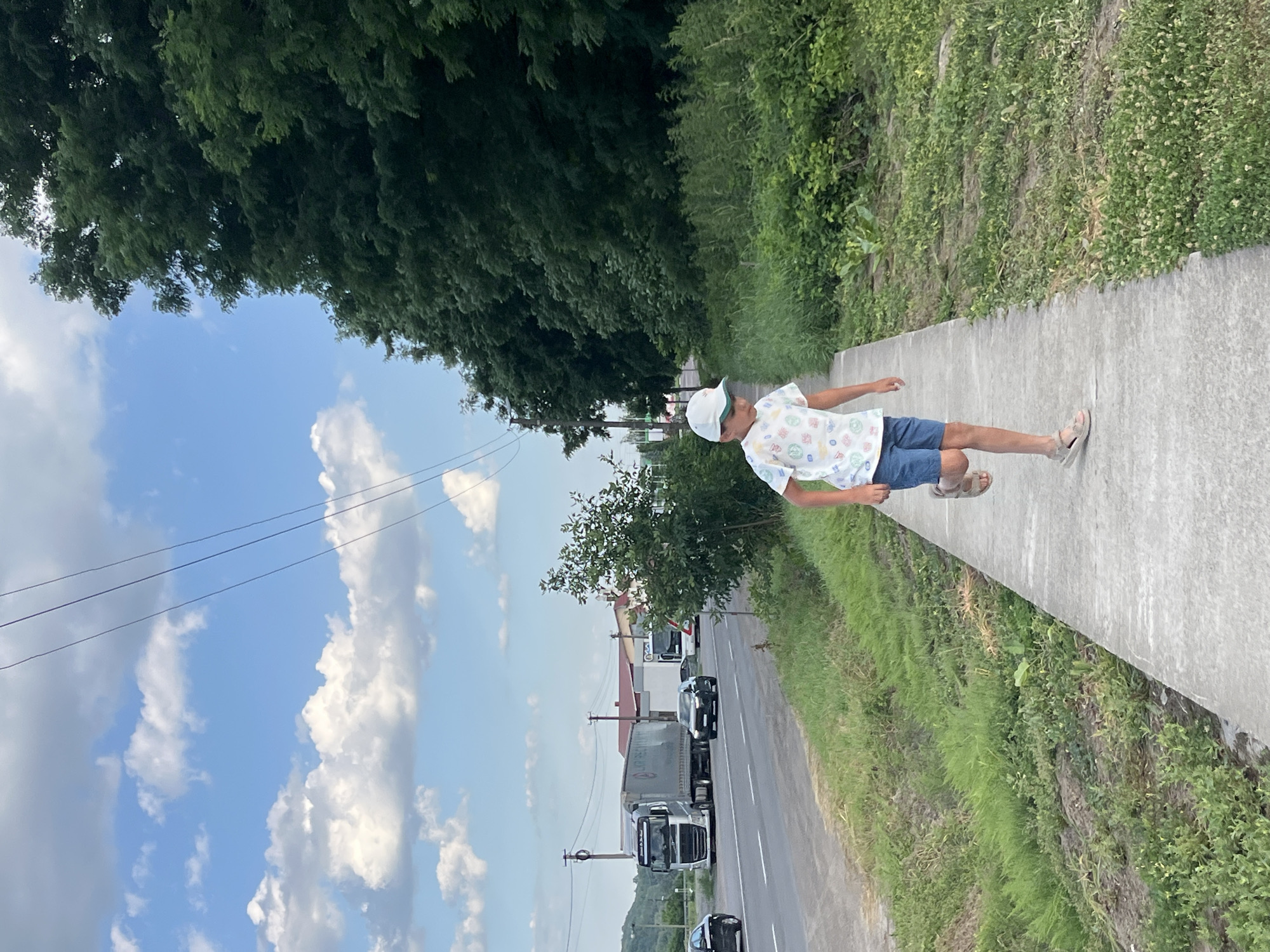 A young boy wearing a white cap, a colorful t-shirt, and blue shorts walks on a concrete path. He is walking on the right side of the frame, next to a grassy embankment. Behind him, a row of trees creates a dense green canopy. The path appears to be a sidewalk or a pedestrian walkway alongside a road.
The road is visible on the left side of the frame and has white lane markings. Several vehicles are on the road, including a large silver truck, a smaller dark-colored truck, and a black car. Power lines run diagonally across the sky. The sky is blue with fluffy white clouds, suggesting it is daytime and the weather is fair.
In the background, there are some buildings and more greenery. The overall scene appears to be a rural or semi-rural setting in Ukraine, as indicated by the mention of Koroviia. The boy's posture and stride suggest he is moving with a casual gait. There is no visible text in the image.