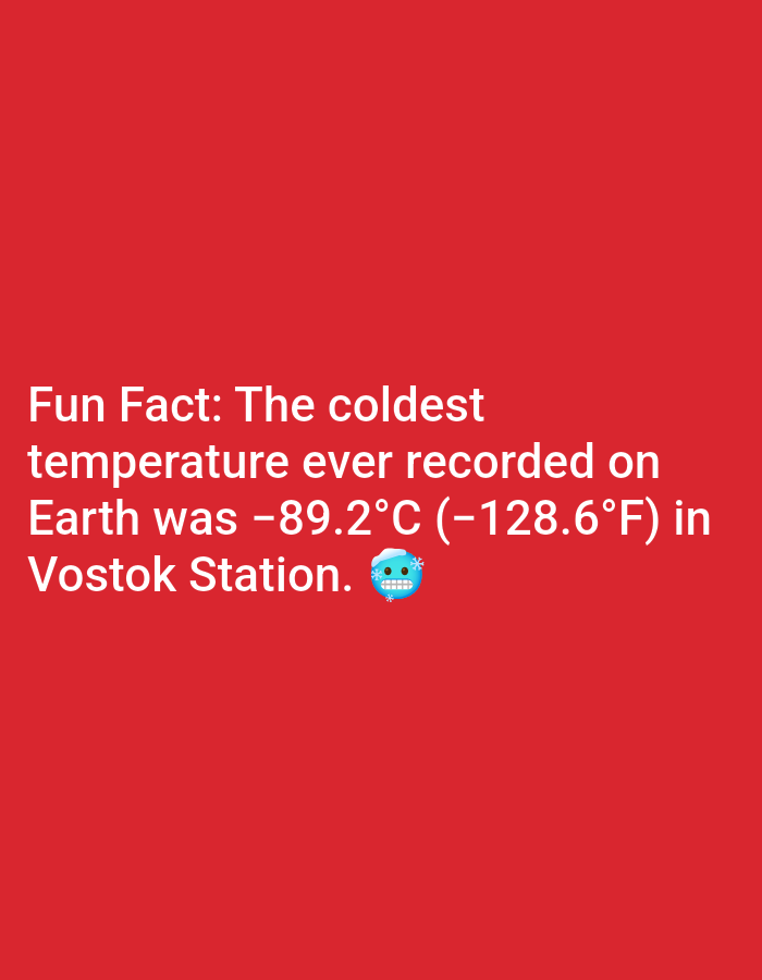 The image displays a red background with white text that reads "Fun Fact: The coldest temperature ever recorded on Earth was -89.2°C (-128.6°F) in Vostok Station." To the right of the text is a cartoon image of a snowman with a blue and white checkered face and snowflakes around it. There is no information about Lagos, Nigeria, in the image.