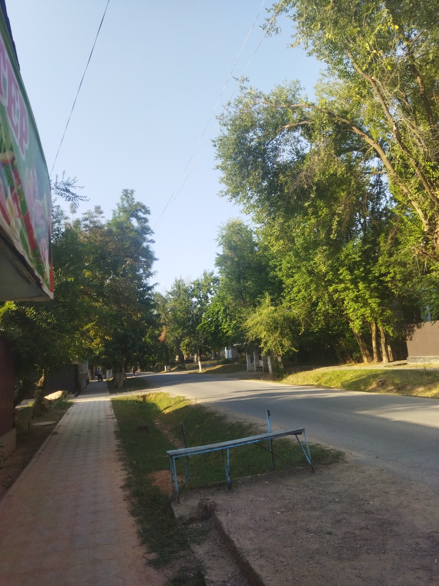The image depicts a street scene in Mailuu-Suu City, Kyrgyzstan. A paved sidewalk runs along the left side of the image, bordered by a grassy area and a road on the right. Tall, leafy trees line both sides of the road, casting shadows. A blue metal bench is visible on the grass. In the distance, along the sidewalk, two individuals are walking away from the camera. The sky is clear and blue, and the sunlight suggests it is daytime. A part of a building or advertisement with colorful images is visible on the far left edge of the frame. The overall impression is a quiet, tree-lined street in a residential or public area.