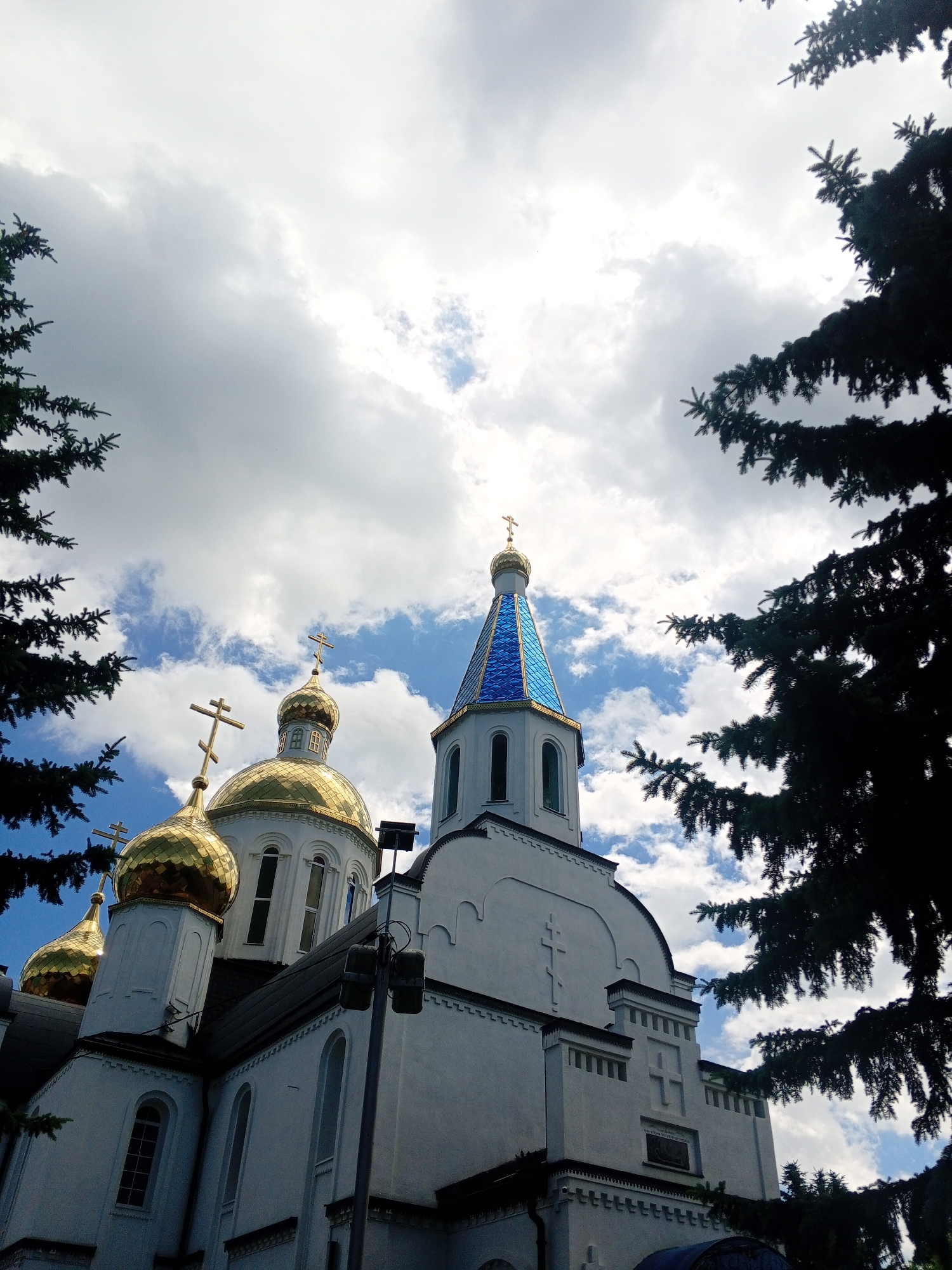 The image shows a low-angle view of the Church of the Intercession of the Most Holy Theotokos, located in Yessentukskaya, Russia. The church features multiple golden domes topped with Orthodox crosses and a distinctive blue-tiled spire. The building is predominantly white with architectural details and decorative elements. Dark green pine branches frame the scene from the left and right, creating a sense of being enveloped by nature. The sky above is a mix of white clouds and patches of blue, suggesting a partly cloudy day. The lighting indicates it is daytime. There are no people visible in the image.